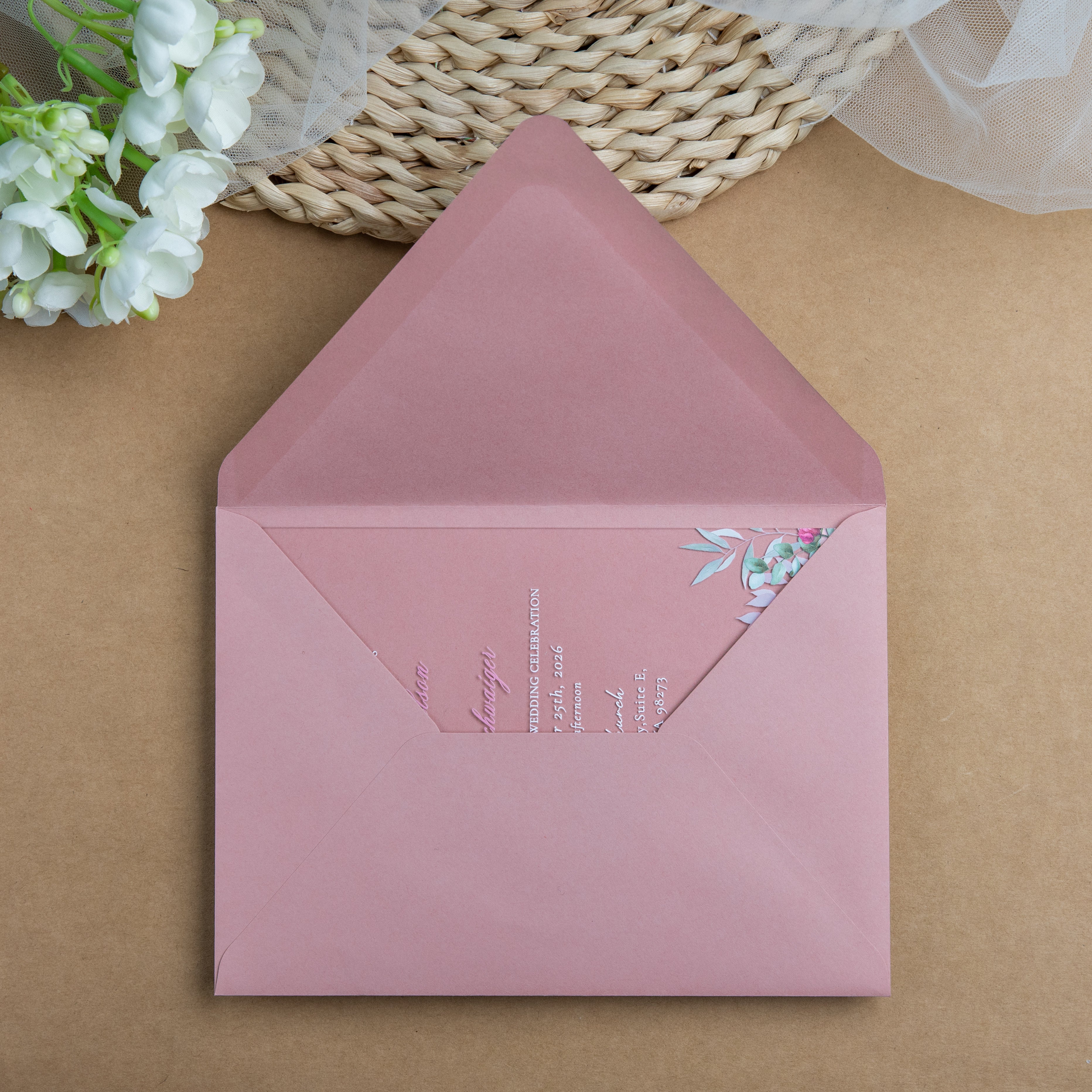 PONATIA 1mm/0.04'' Clear Acrylic Flower Wedding Invitation Cards  and Dusty Rose Envelopes