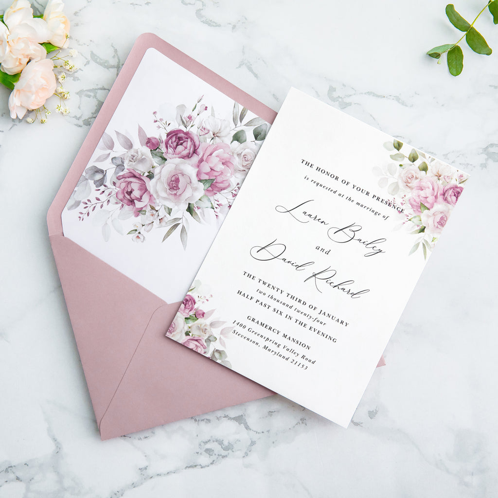 PONATIA 50 Pieces Dusty Rose Floral Liner Euro Flap Envelopes for  Wedding Invitation Card