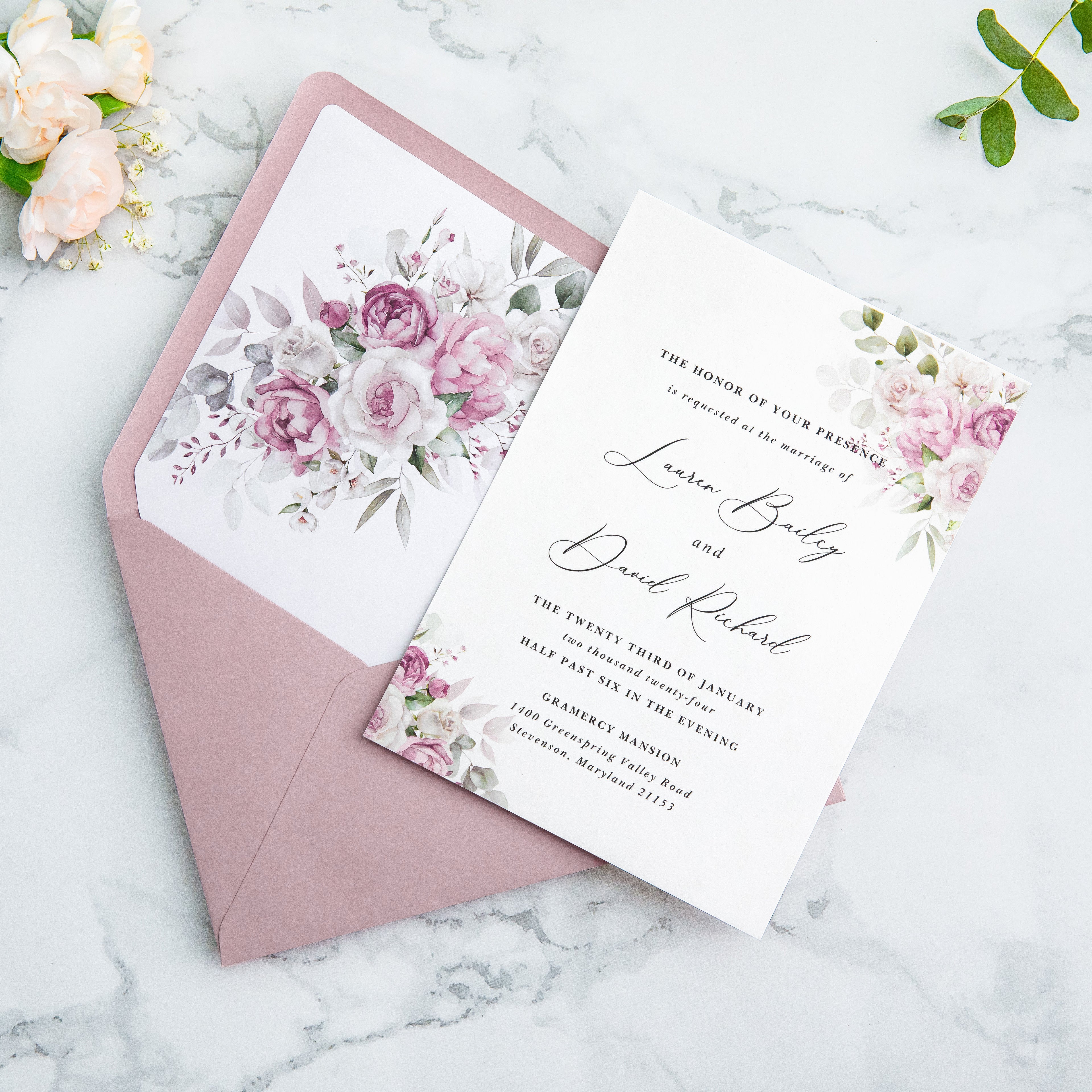 PONATIA 50 Pieces Dusty Rose Floral Liner Euro Flap Envelopes for  Wedding Invitation Card