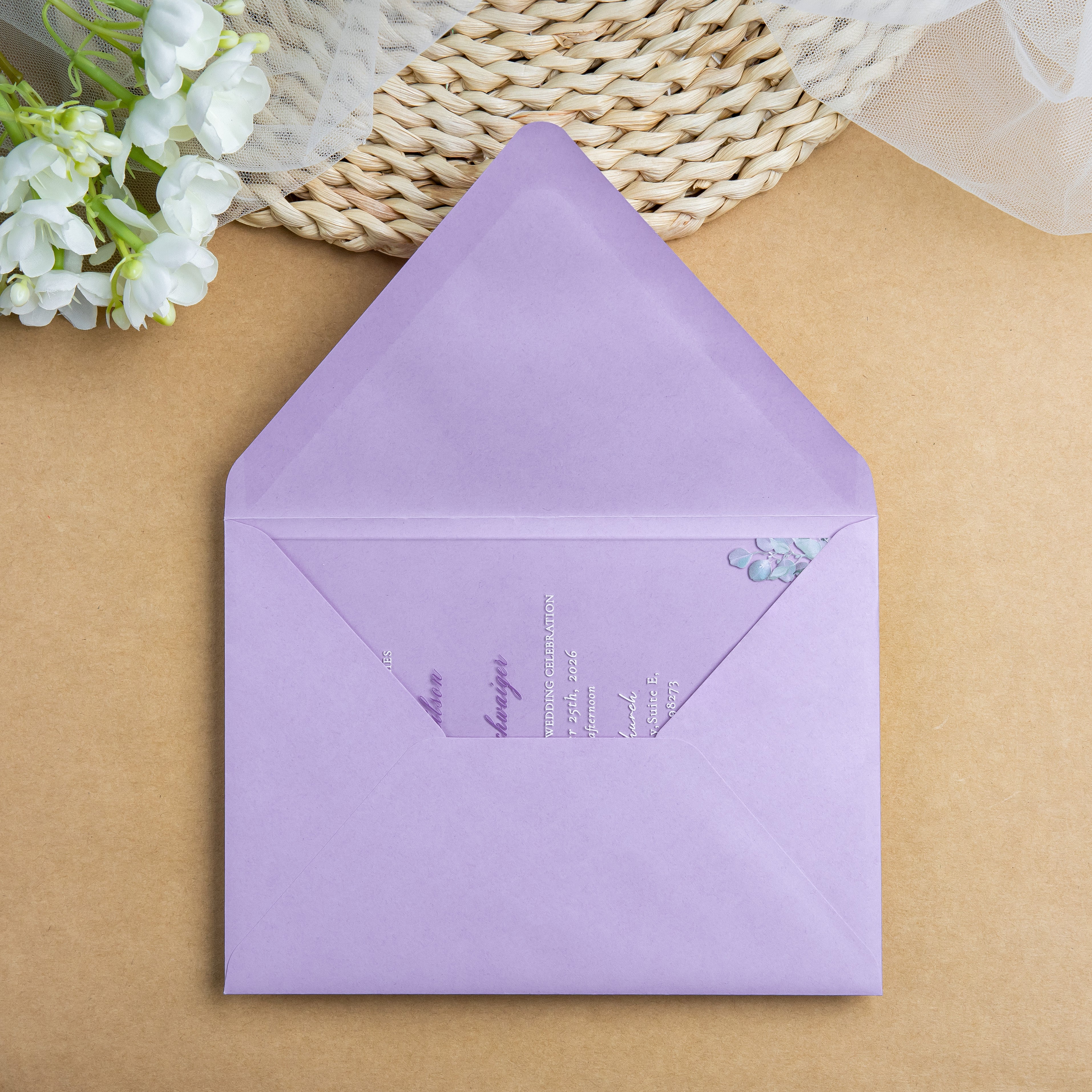 PONATIA 1mm/0.04'' Clear Acrylic Flower Wedding Invitation Cards  and Lilac Envelopes