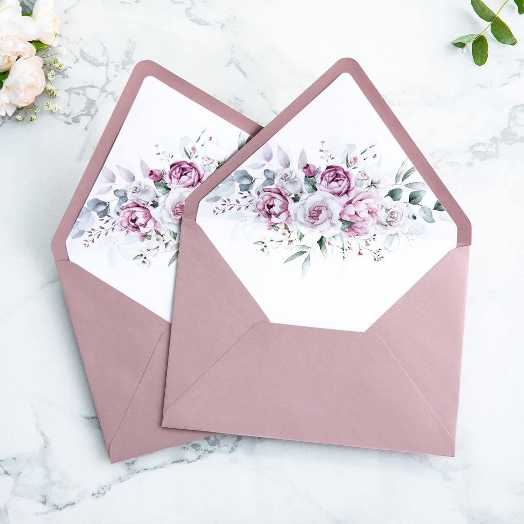 PONATIA 50 Pieces Dusty Rose Floral Liner Euro Flap Envelopes for  Wedding Invitation Card