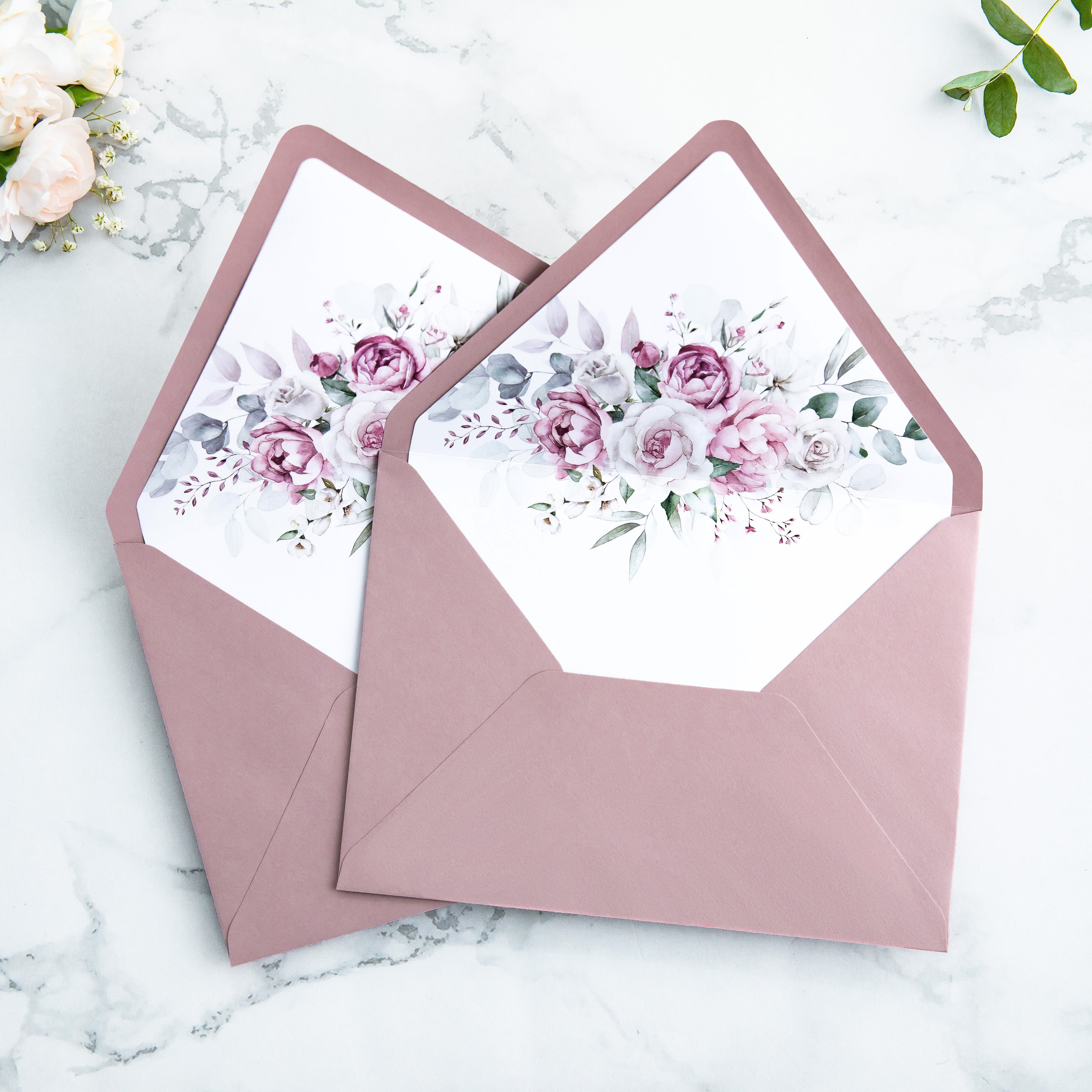 PONATIA 50 Pieces Dusty Rose Floral Liner Euro Flap Envelopes for  Wedding Invitation Card