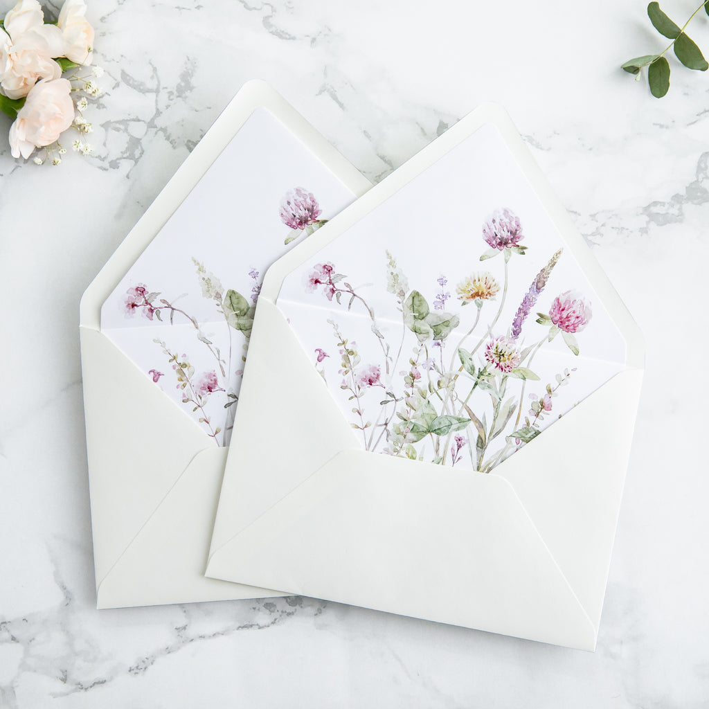 PONATIA 50 Pieces Ivory & Wild Flower Liner Euro Flap Envelopes for  Wedding Invitation Card
