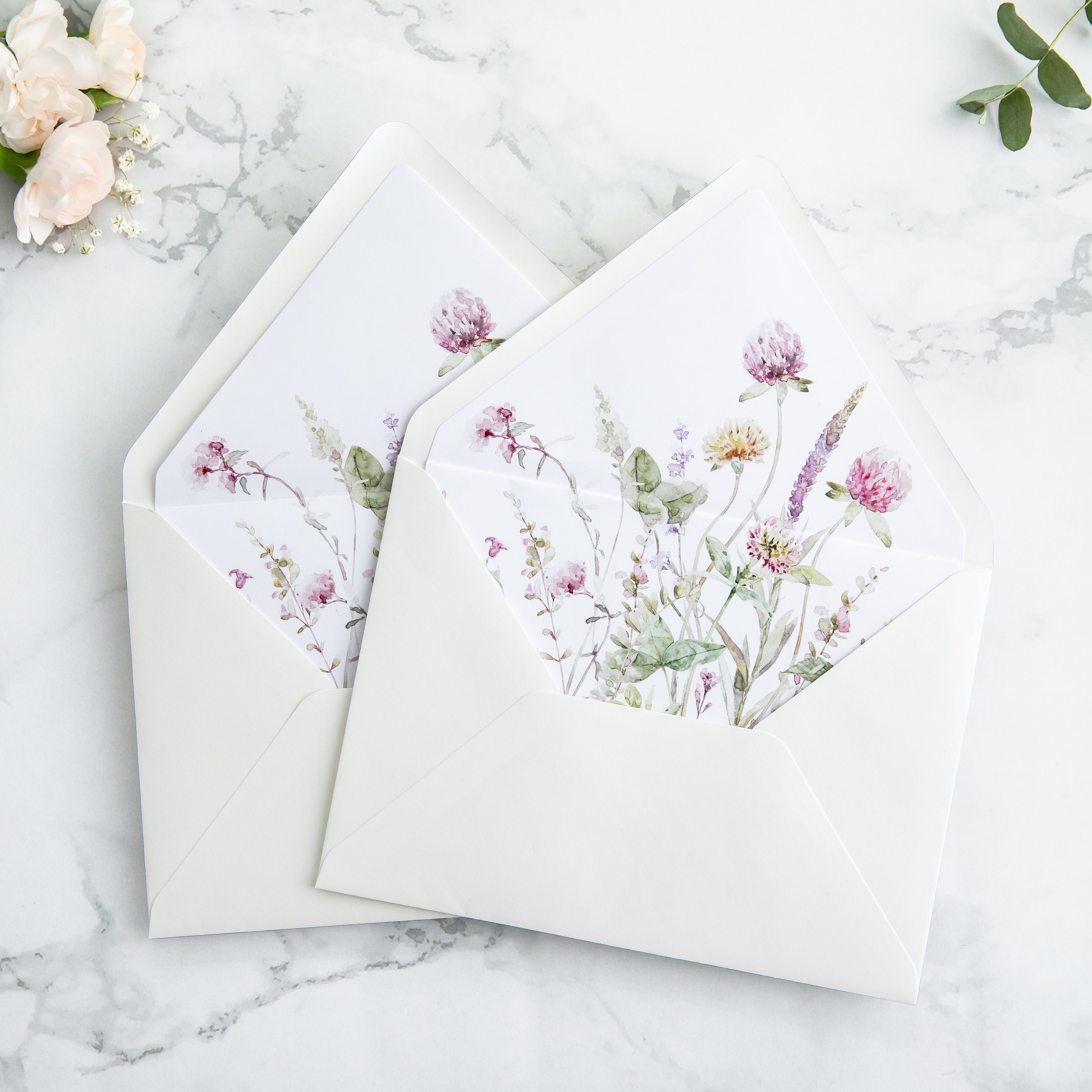 PONATIA 50 Pieces Ivory & Wild Flower Liner Euro Flap Envelopes for  Wedding Invitation Card