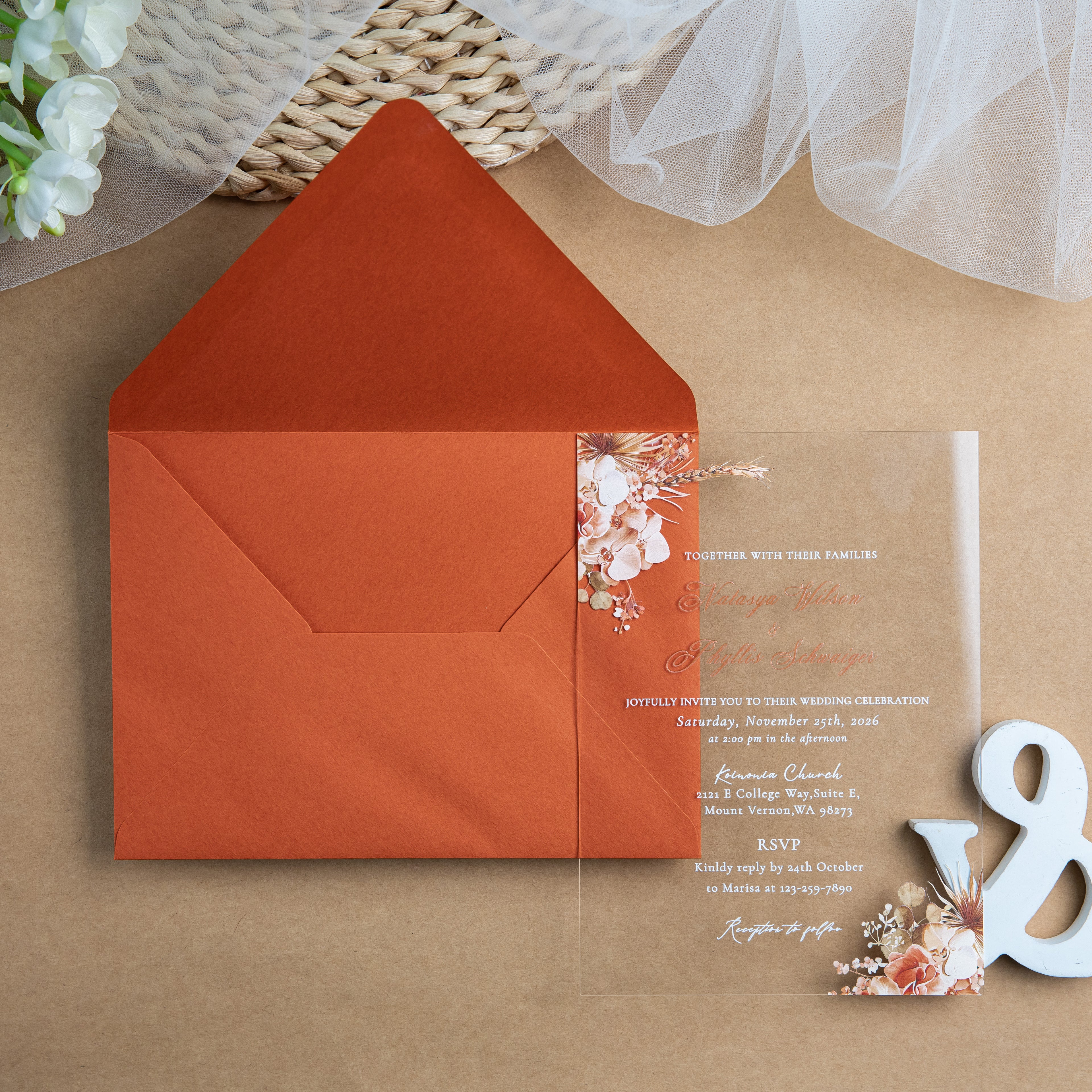 PONATIA 1mm/0.04'' Clear Acrylic Floral Wedding Invitation Cards  and Burnt Orange Envelope