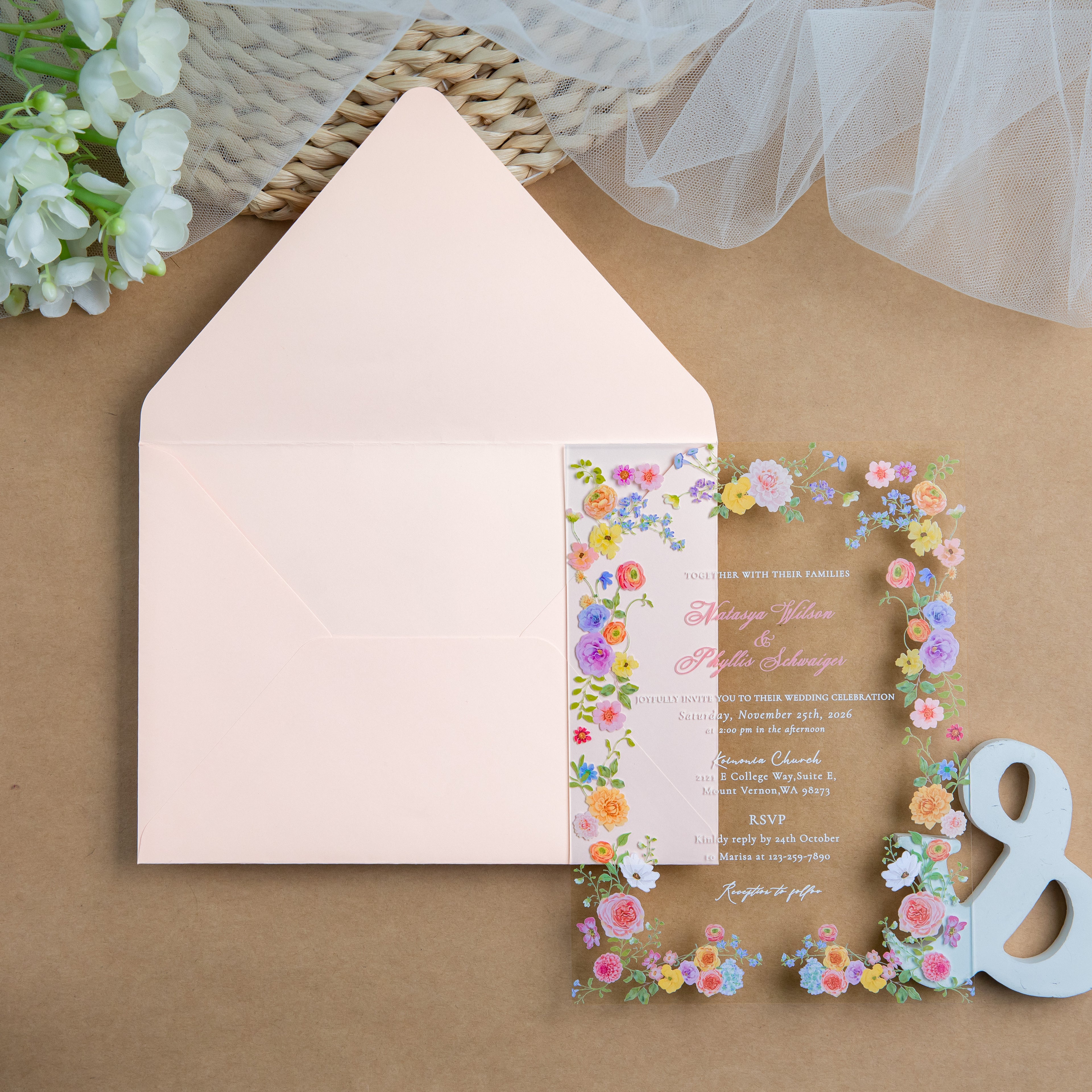 PONATIA 1mm/0.04'' Clear Acrylic Floral Wedding Invitation Cards  and Light Pink Envelopes