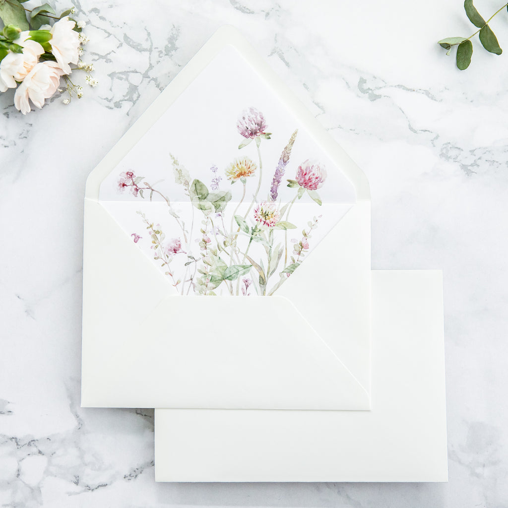 PONATIA 50 Pieces Ivory & Wild Flower Liner Euro Flap Envelopes for  Wedding Invitation Card