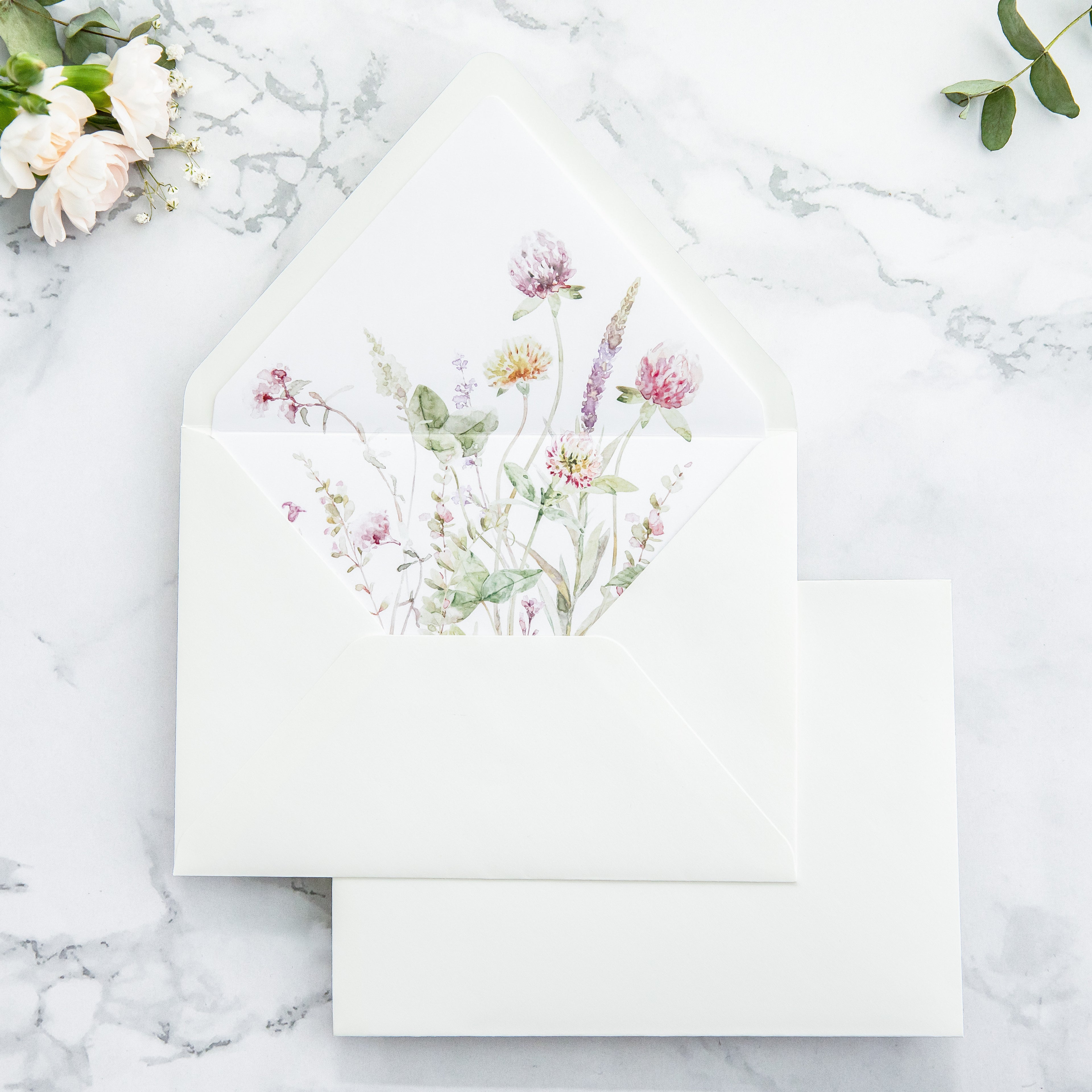 PONATIA 50 Pieces Ivory & Wild Flower Liner Euro Flap Envelopes for  Wedding Invitation Card