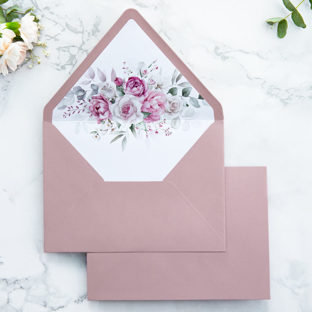 PONATIA 50 Pieces Dusty Rose Floral Liner Euro Flap Envelopes for  Wedding Invitation Card