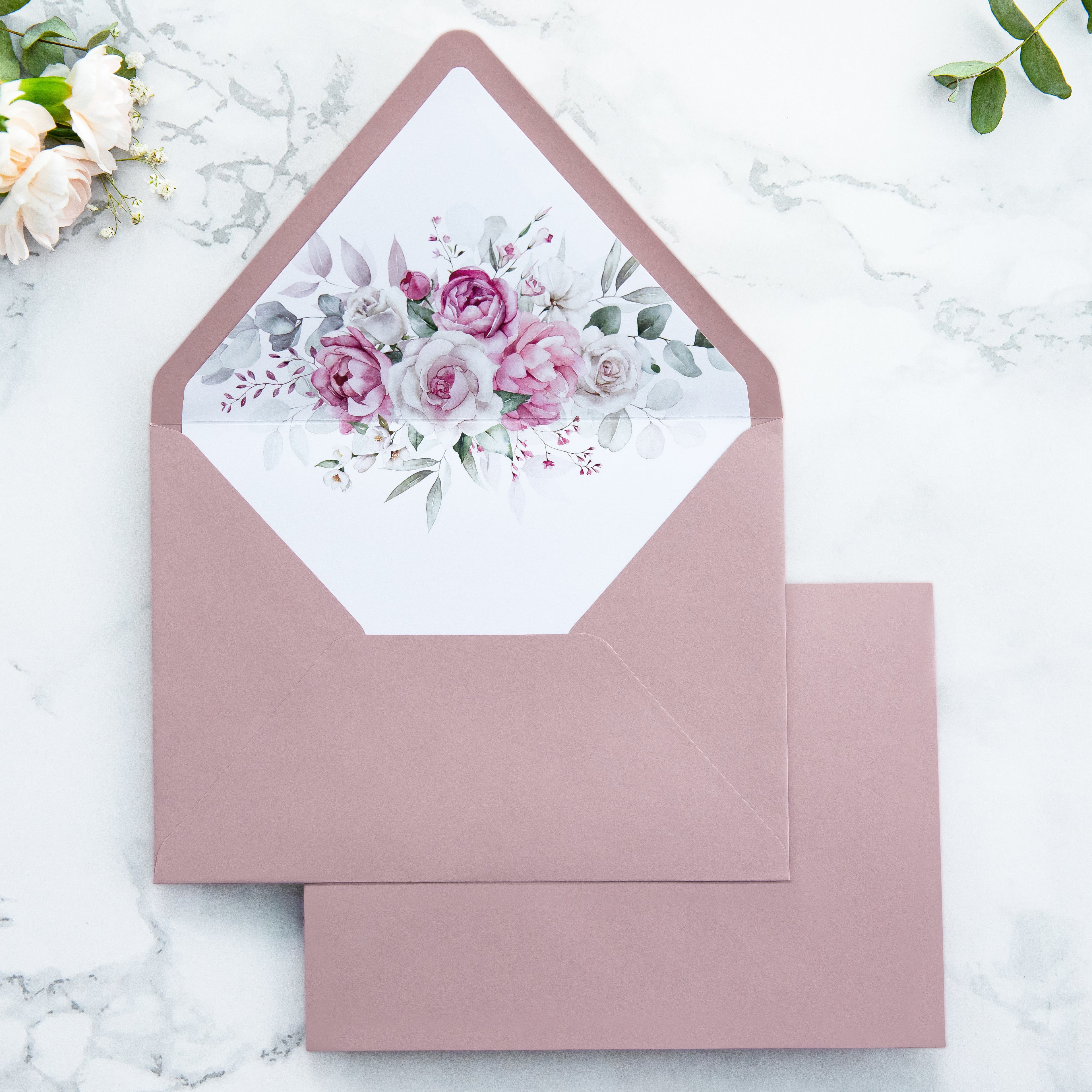 PONATIA 50 Pieces Dusty Rose Floral Liner Euro Flap Envelopes for  Wedding Invitation Card