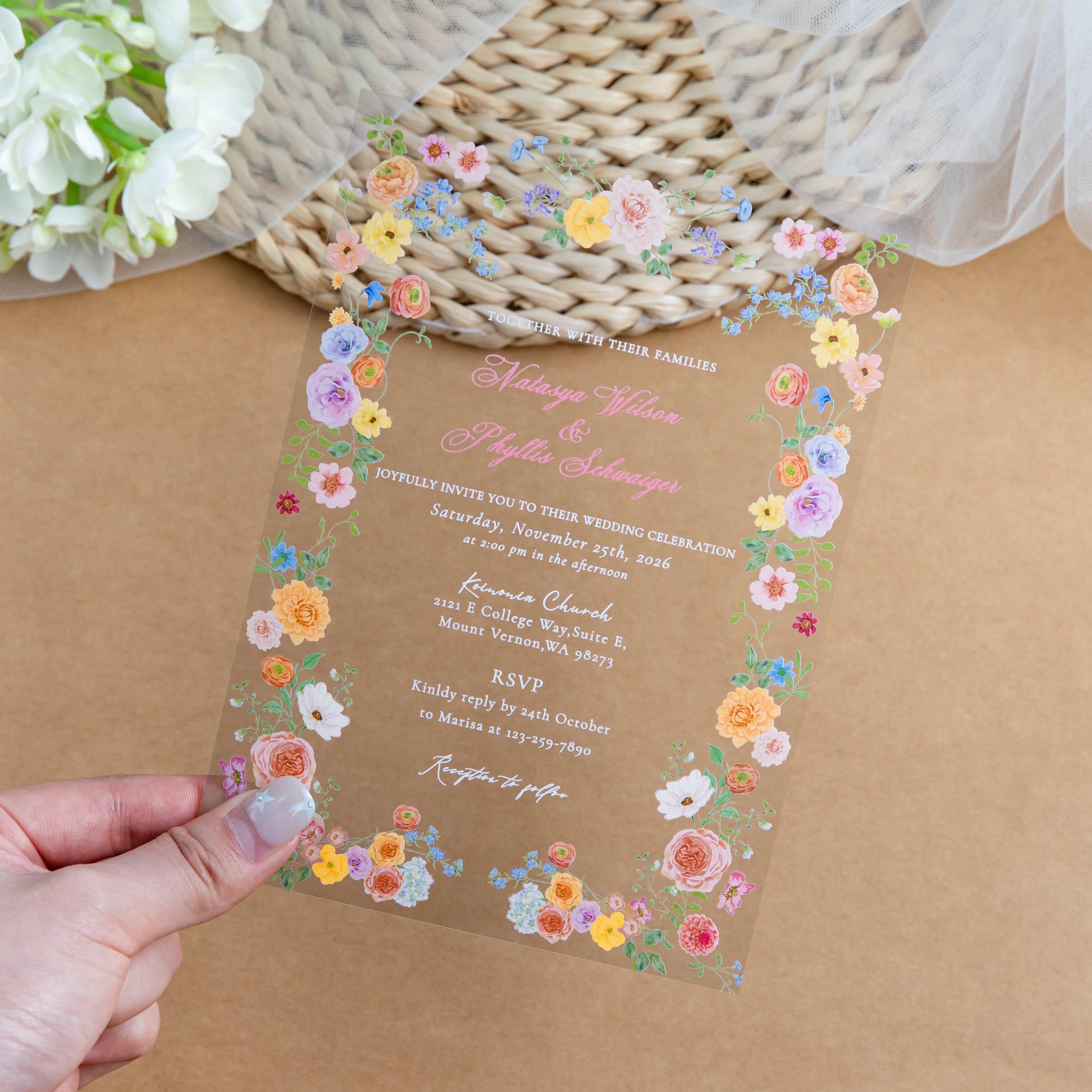 PONATIA 1mm/0.04'' Clear Acrylic Floral Wedding Invitation Cards  and Light Pink Envelopes