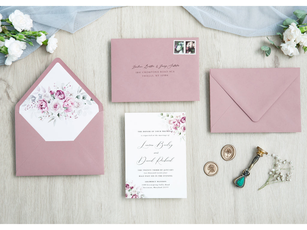 PONATIA 50 Pieces Dusty Rose Floral Liner Euro Flap Envelopes for  Wedding Invitation Card