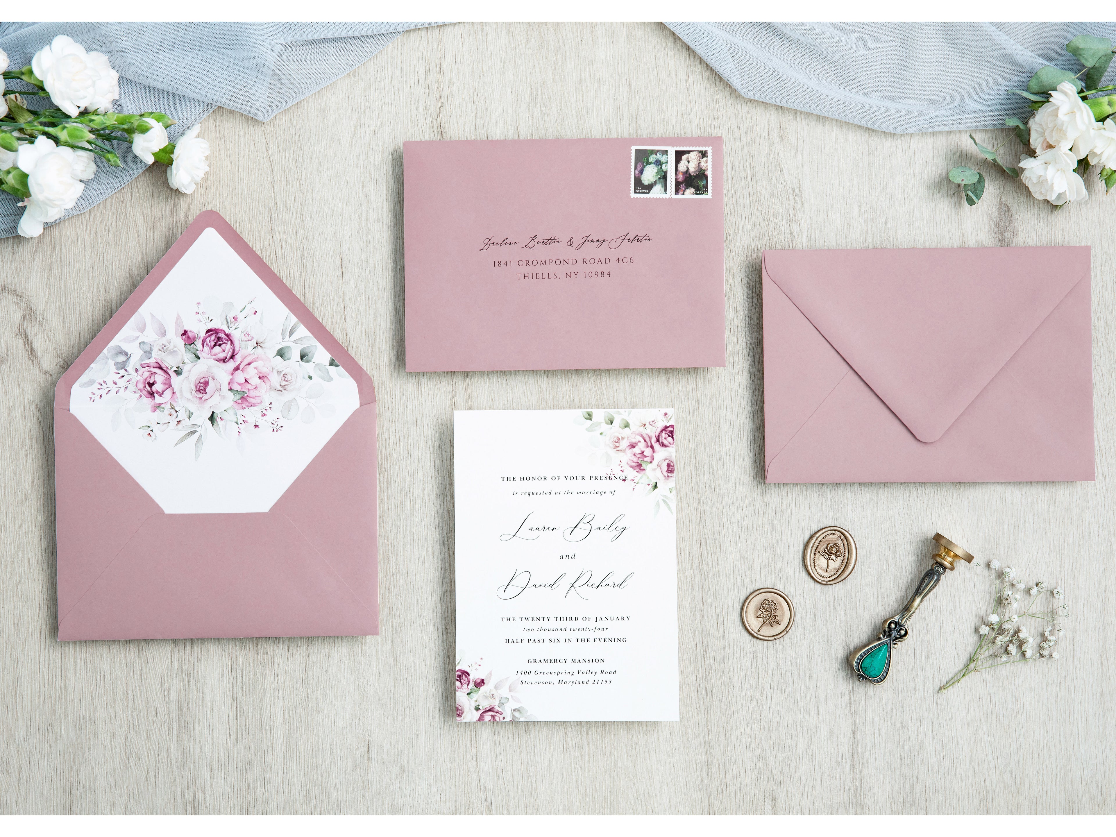 PONATIA 50 Pieces Dusty Rose Floral Liner Euro Flap Envelopes for  Wedding Invitation Card