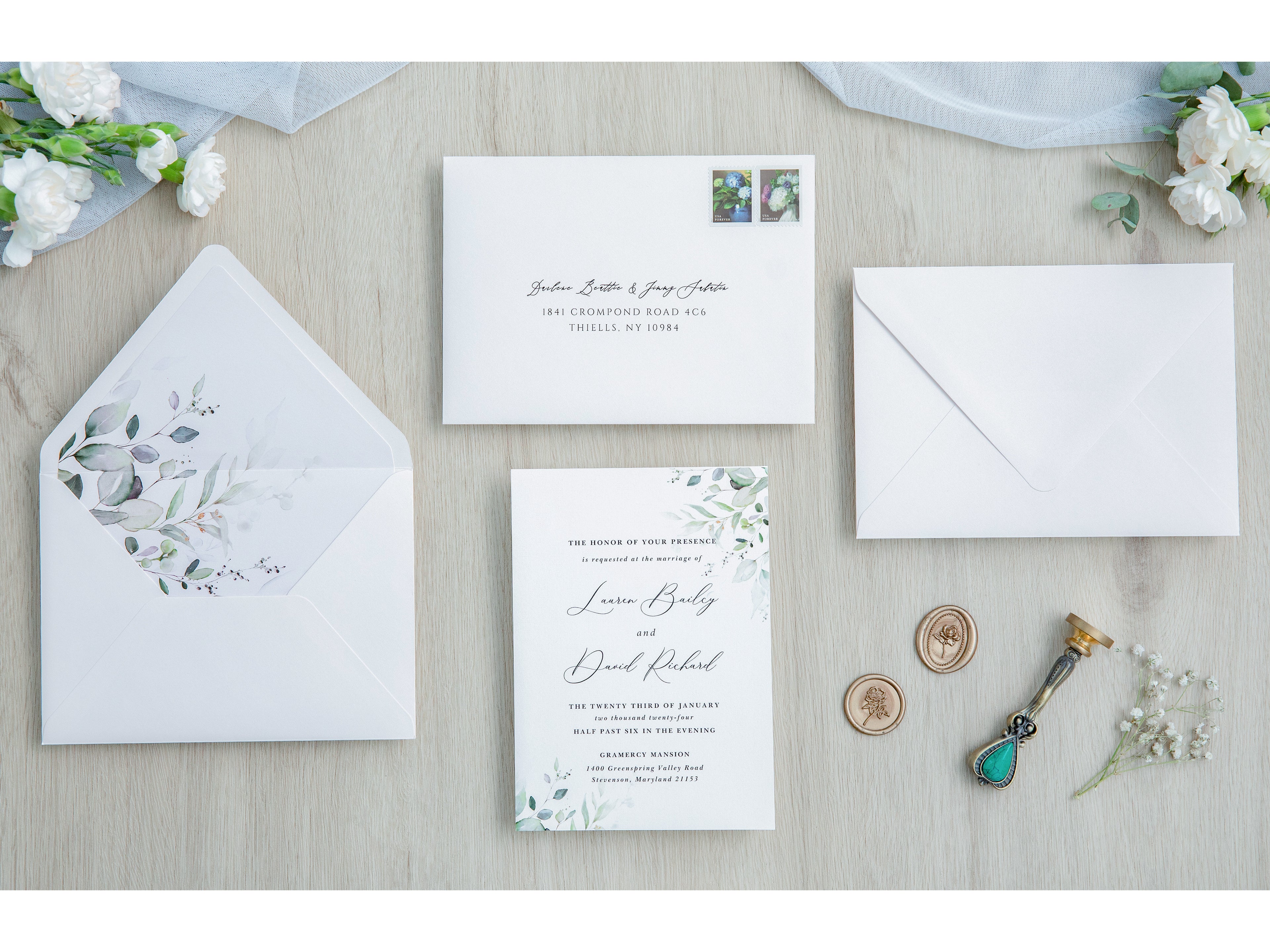 PONATIA 50 Pieces White & Green Leaves Liner Euro Flap Envelopes for  Wedding Invitation Card