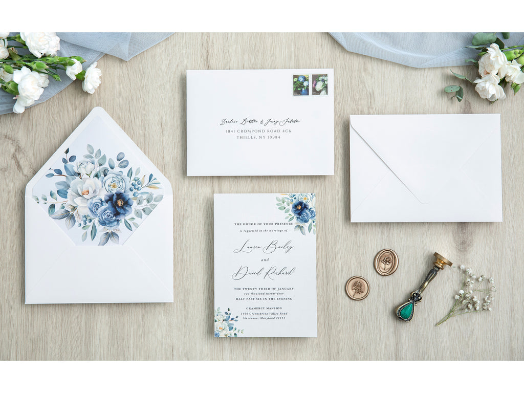 PONATIA 50 Pieces White & Dusty Blue Liner Euro Flap Envelopes for  Wedding Invitation Card