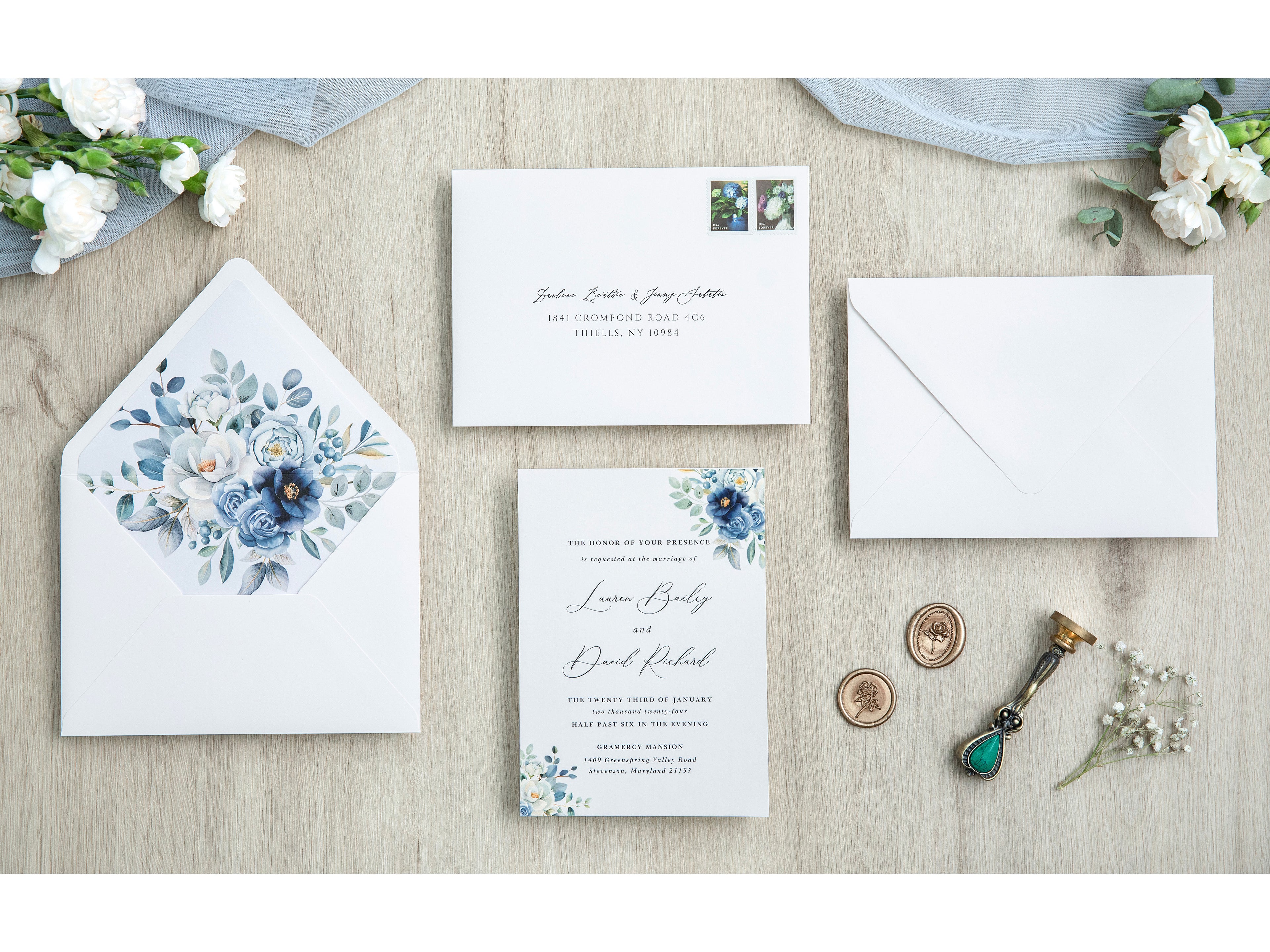 PONATIA 50 Pieces White & Dusty Blue Liner Euro Flap Envelopes for  Wedding Invitation Card