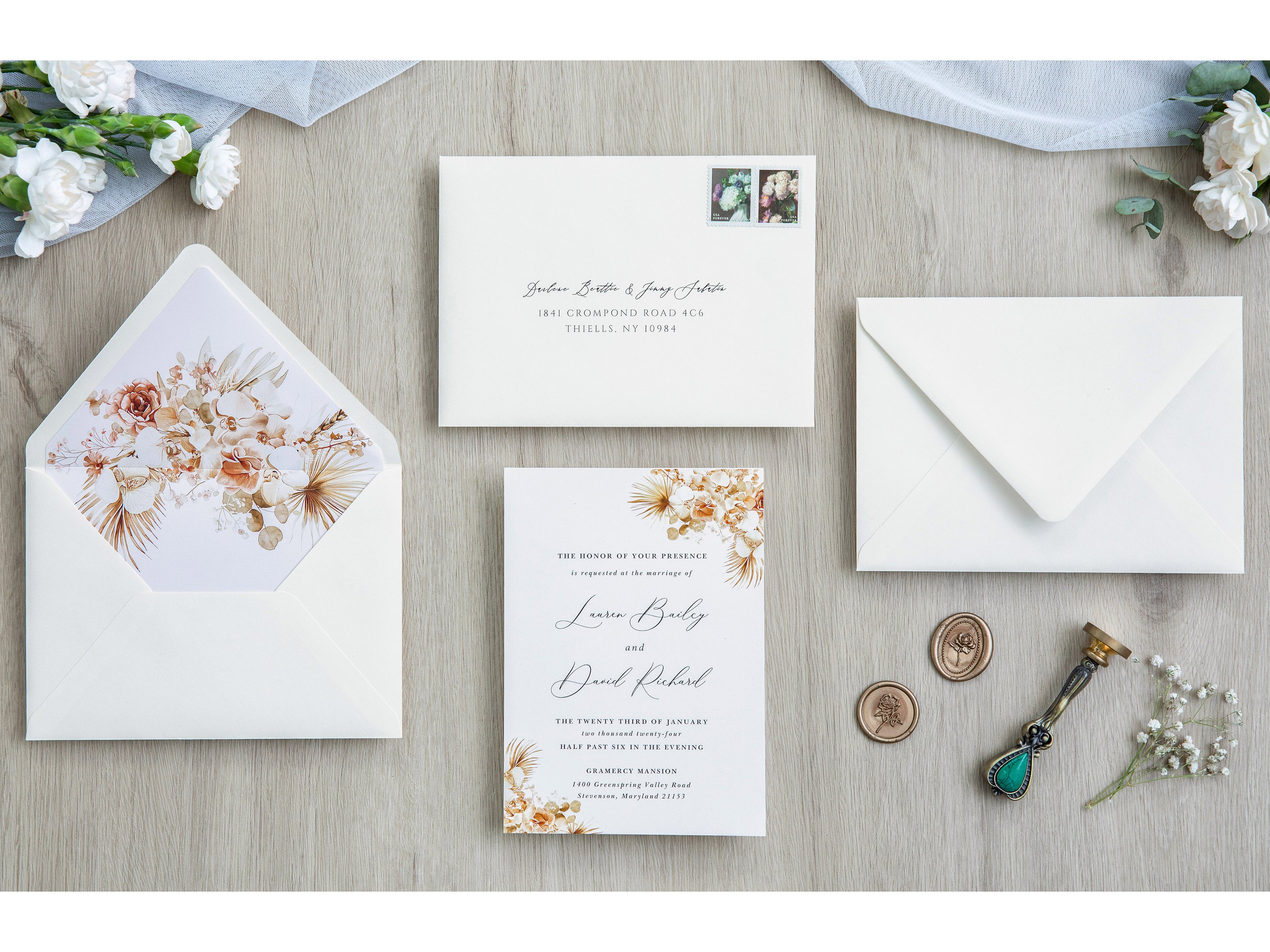 PONATIA 50 Pieces Ivory & Boho Floral Liner Euro Flap Envelopes for  Wedding Invitation Card