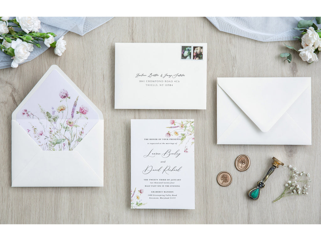 PONATIA 50 Pieces Ivory & Wild Flower Liner Euro Flap Envelopes for  Wedding Invitation Card