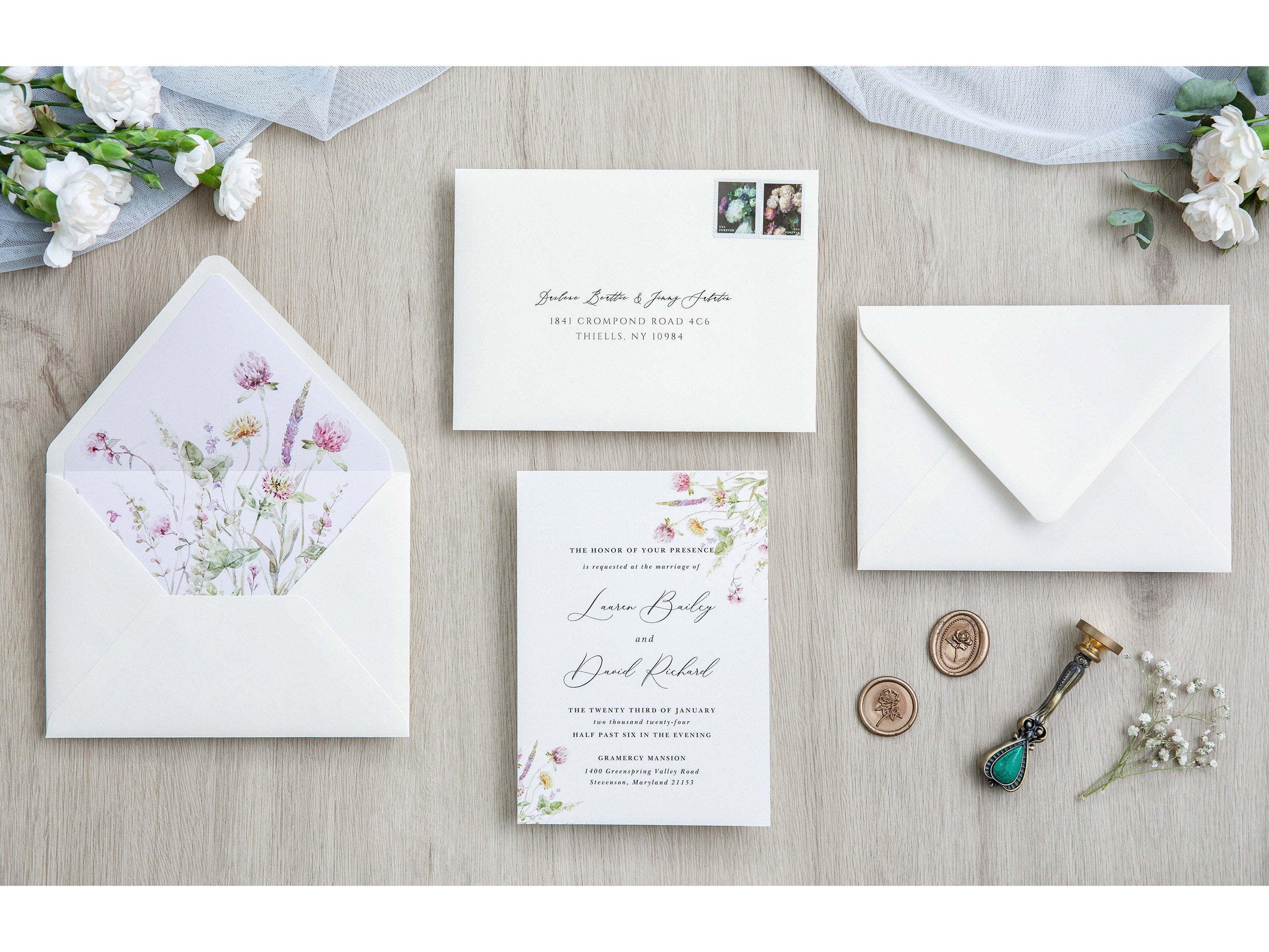 PONATIA 50 Pieces Ivory & Wild Flower Liner Euro Flap Envelopes for  Wedding Invitation Card