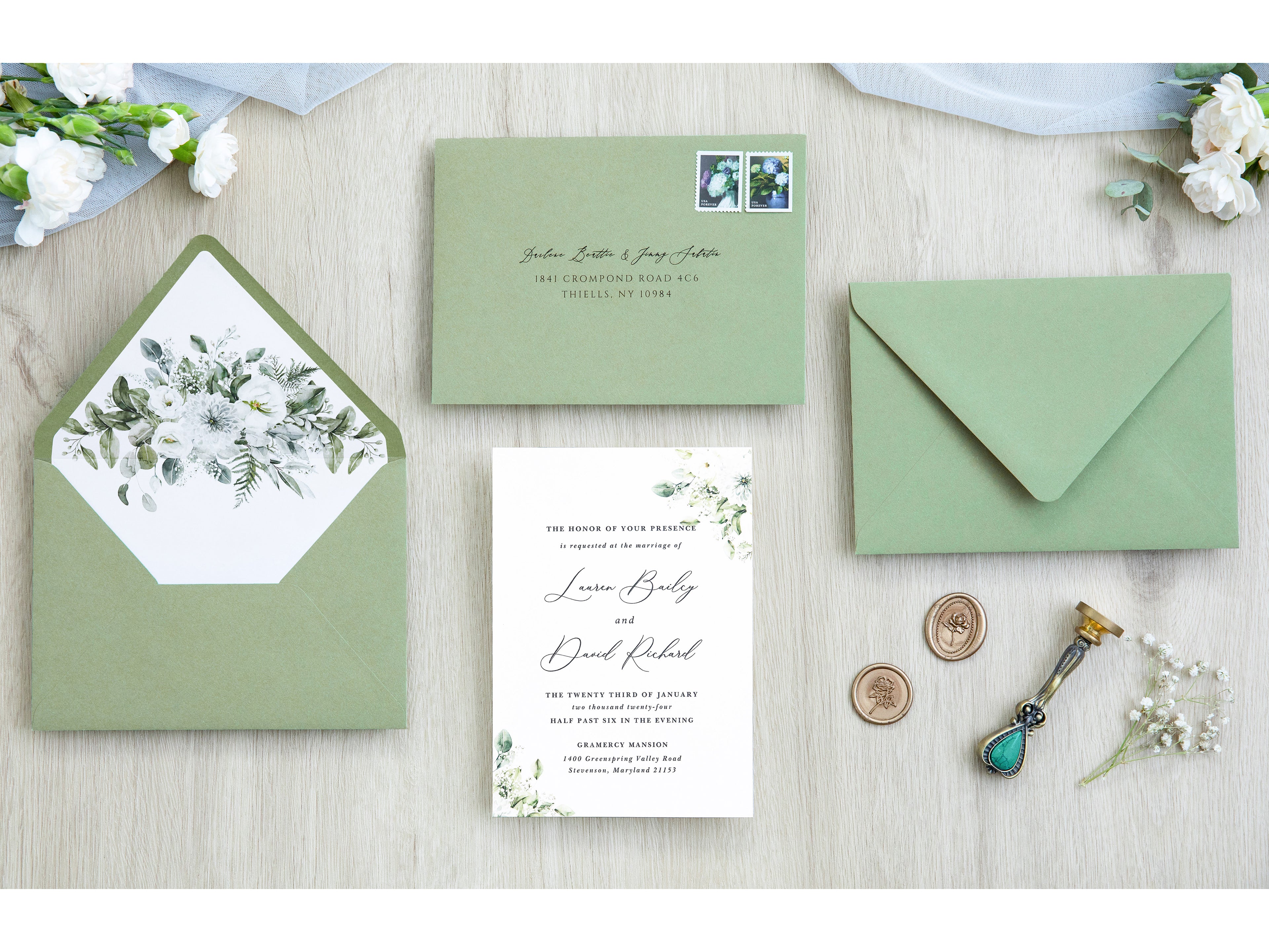 PONATIA 50 Pieces Sage Green & Flowers Liner Euro Flap Envelopes for  Wedding Invitation Card（副本）