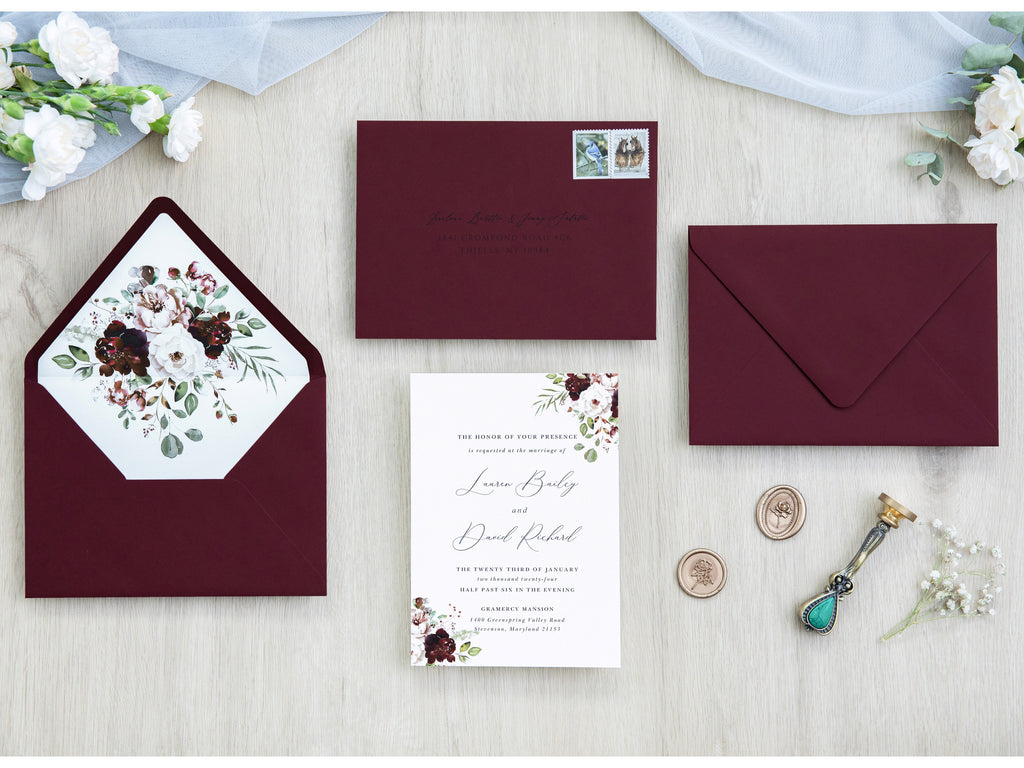 PONATIA 50 Pieces Burgundy Floral Liner Euro Flap Envelopes for  Wedding Invitation Card