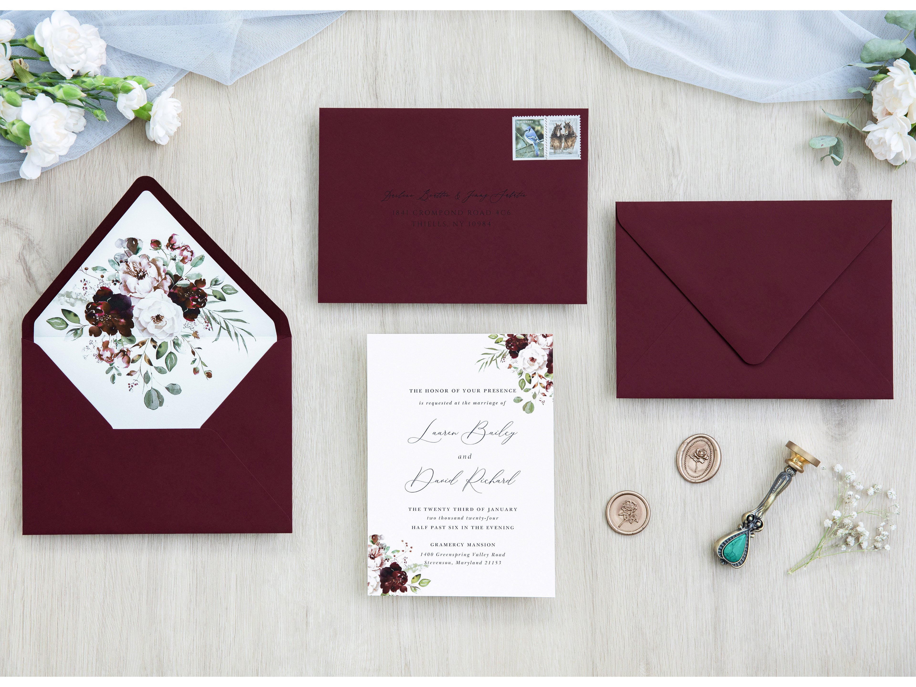 PONATIA 50 Pieces Burgundy Floral Liner Euro Flap Envelopes for  Wedding Invitation Card