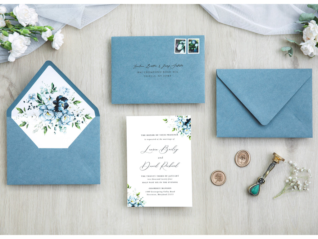 PONATIA 50 Pieces Dusty Blue Floral Liner Euro Flap Envelopes for  Wedding Invitation Card