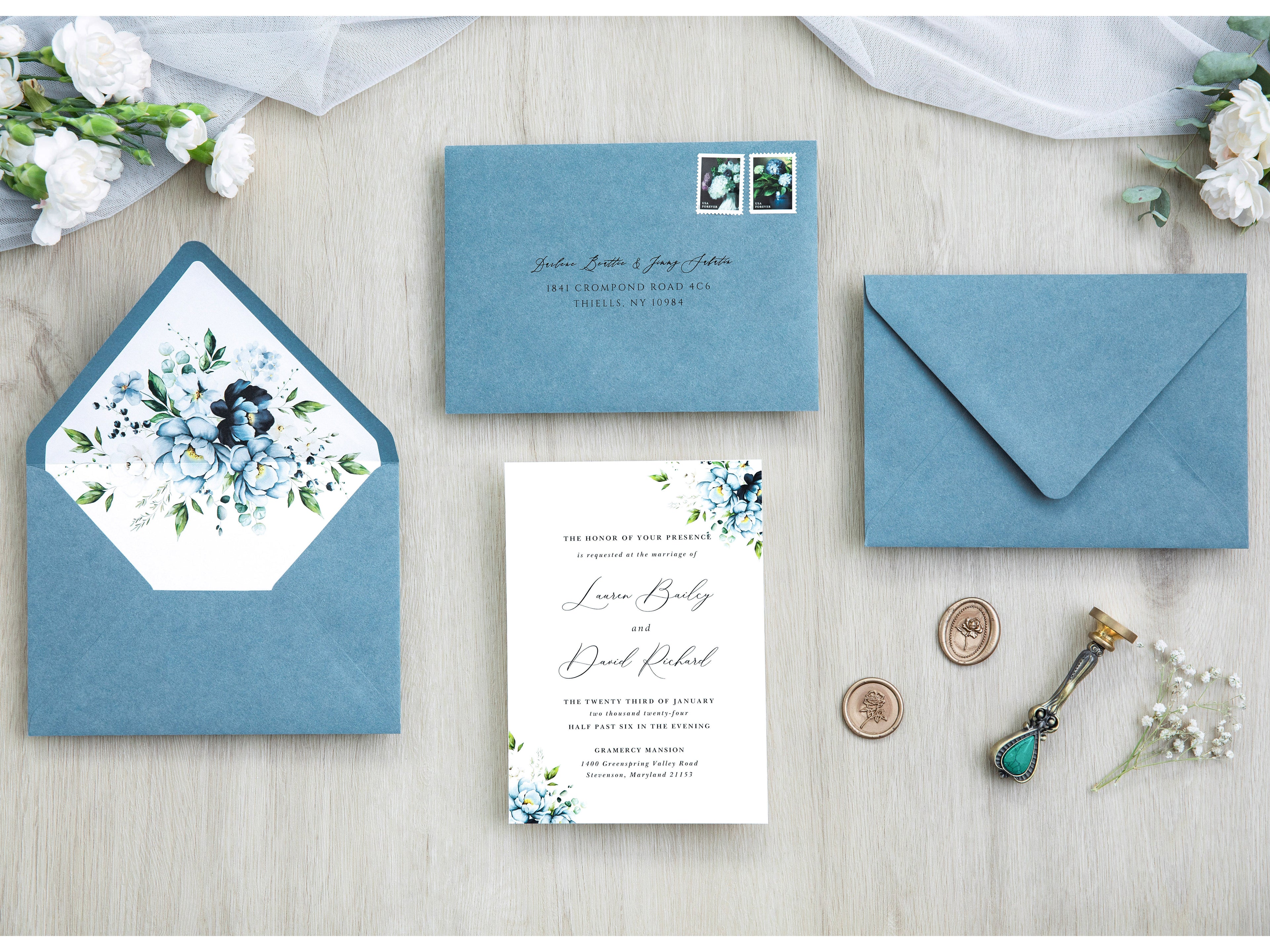 PONATIA 50 Pieces Dusty Blue Floral Liner Euro Flap Envelopes for  Wedding Invitation Card