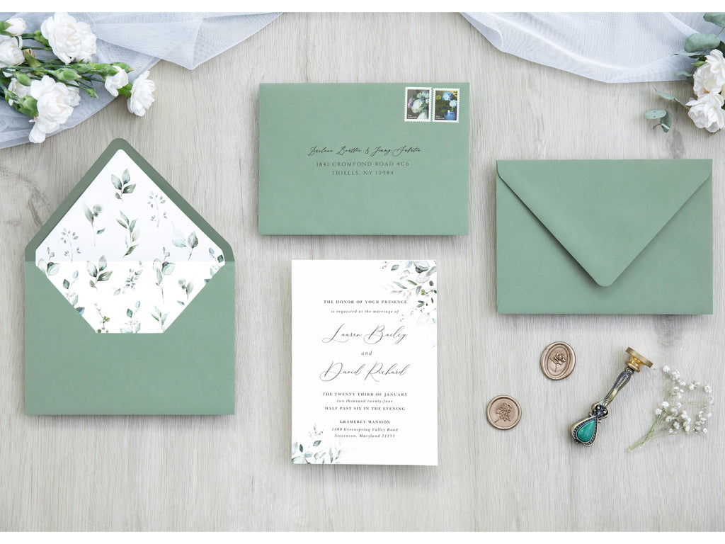 PONATIA 50 Pieces Sage Green & Green Leaves Liner Euro Flap Envelopes for  Wedding Invitation Card