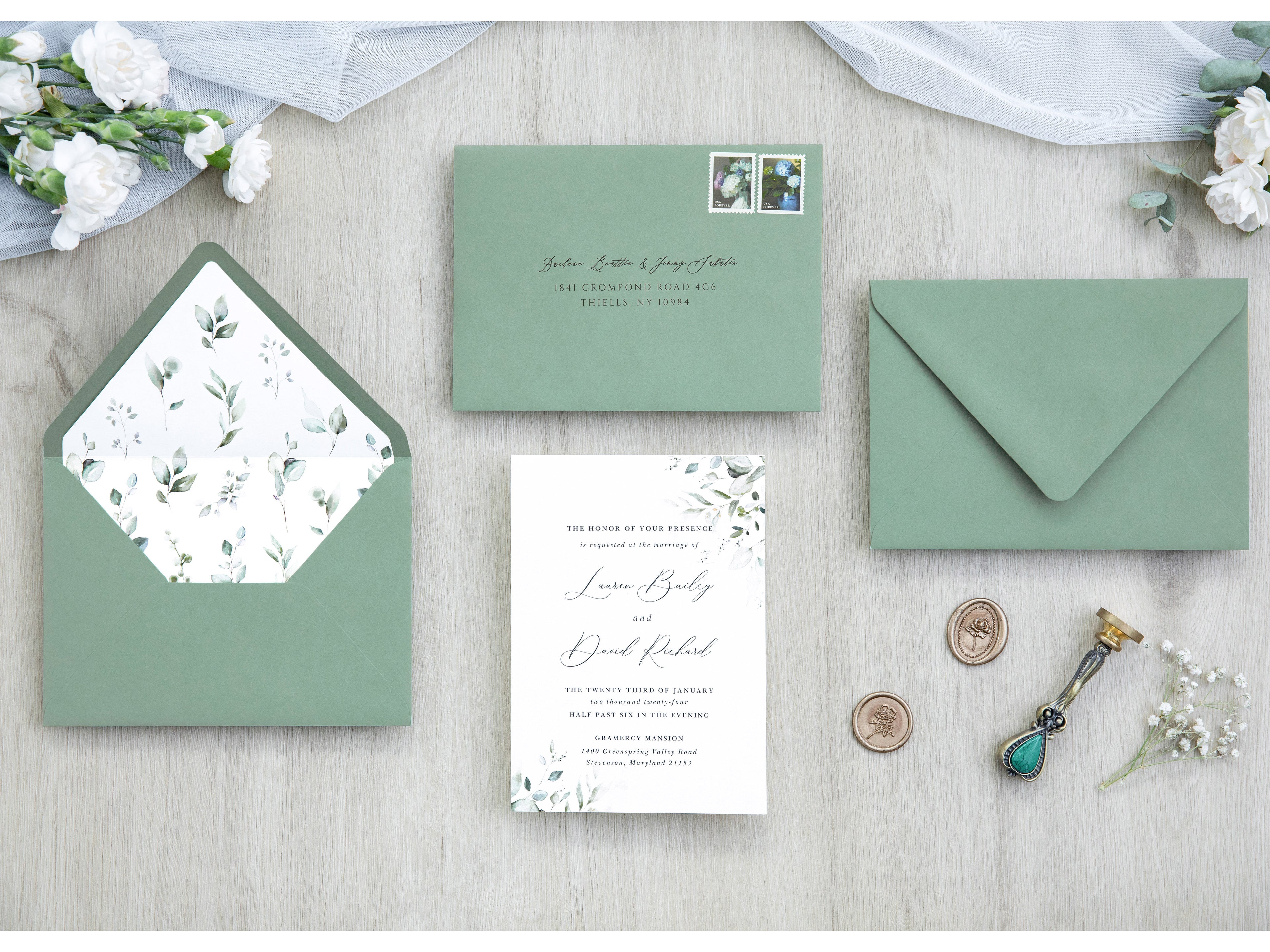 PONATIA 50 Pieces Sage Green & Green Leaves Liner Euro Flap Envelopes for  Wedding Invitation Card