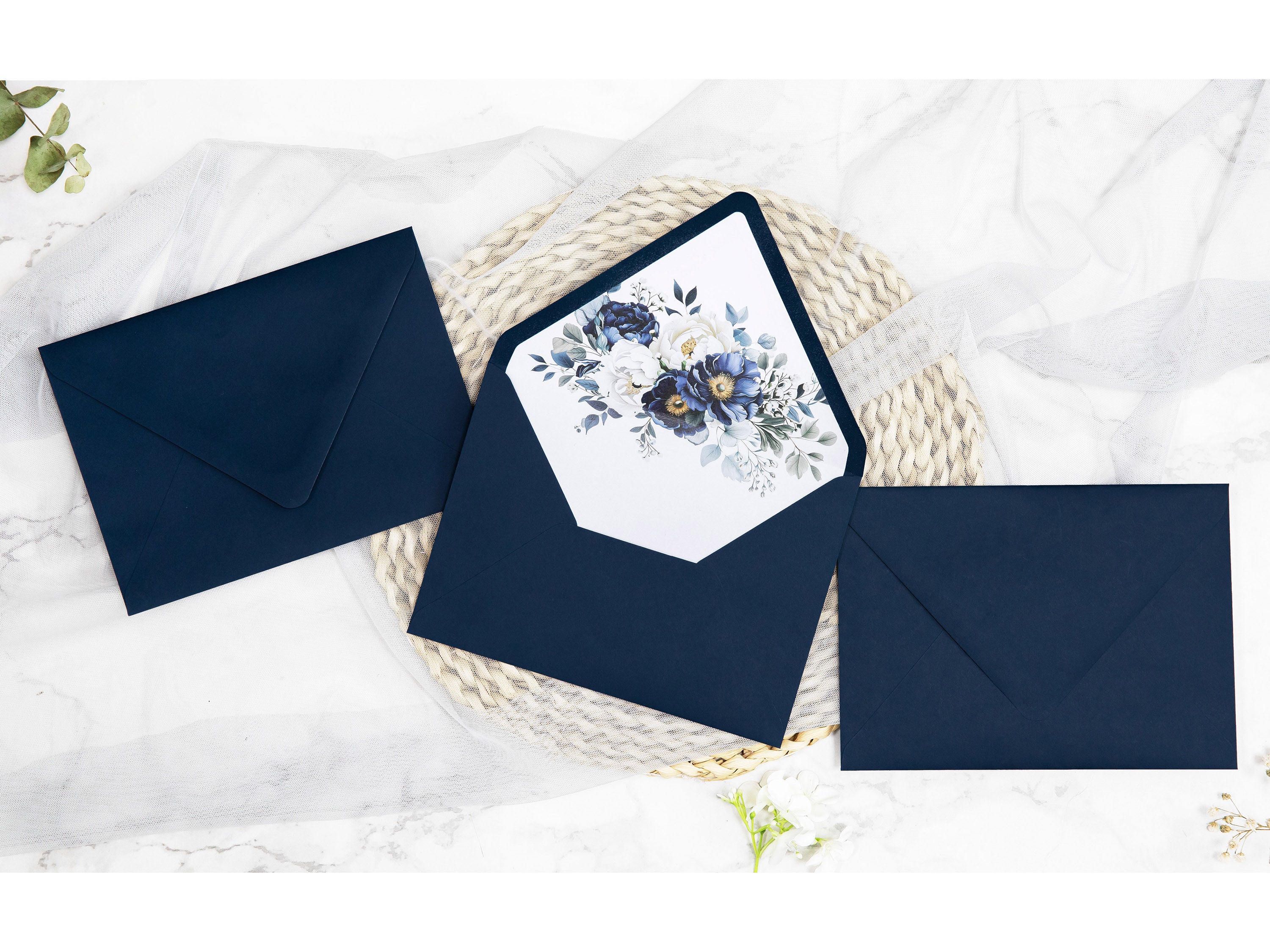 PONATIA 50 Pieces Navy Blue Floral Liner Euro Flap Envelopes for  Wedding Invitation Card