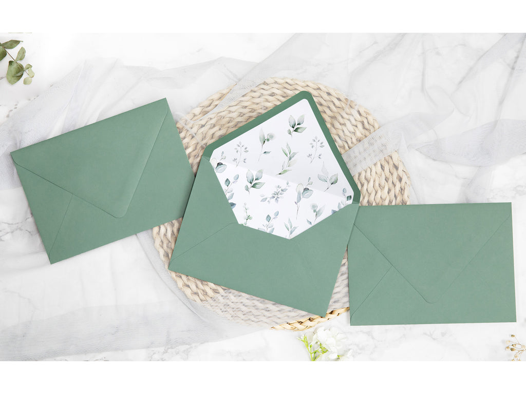 PONATIA 50 Pieces Sage Green & Green Leaves Liner Euro Flap Envelopes for  Wedding Invitation Card
