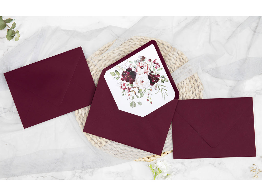 PONATIA 50 Pieces Burgundy Floral Liner Euro Flap Envelopes for  Wedding Invitation Card