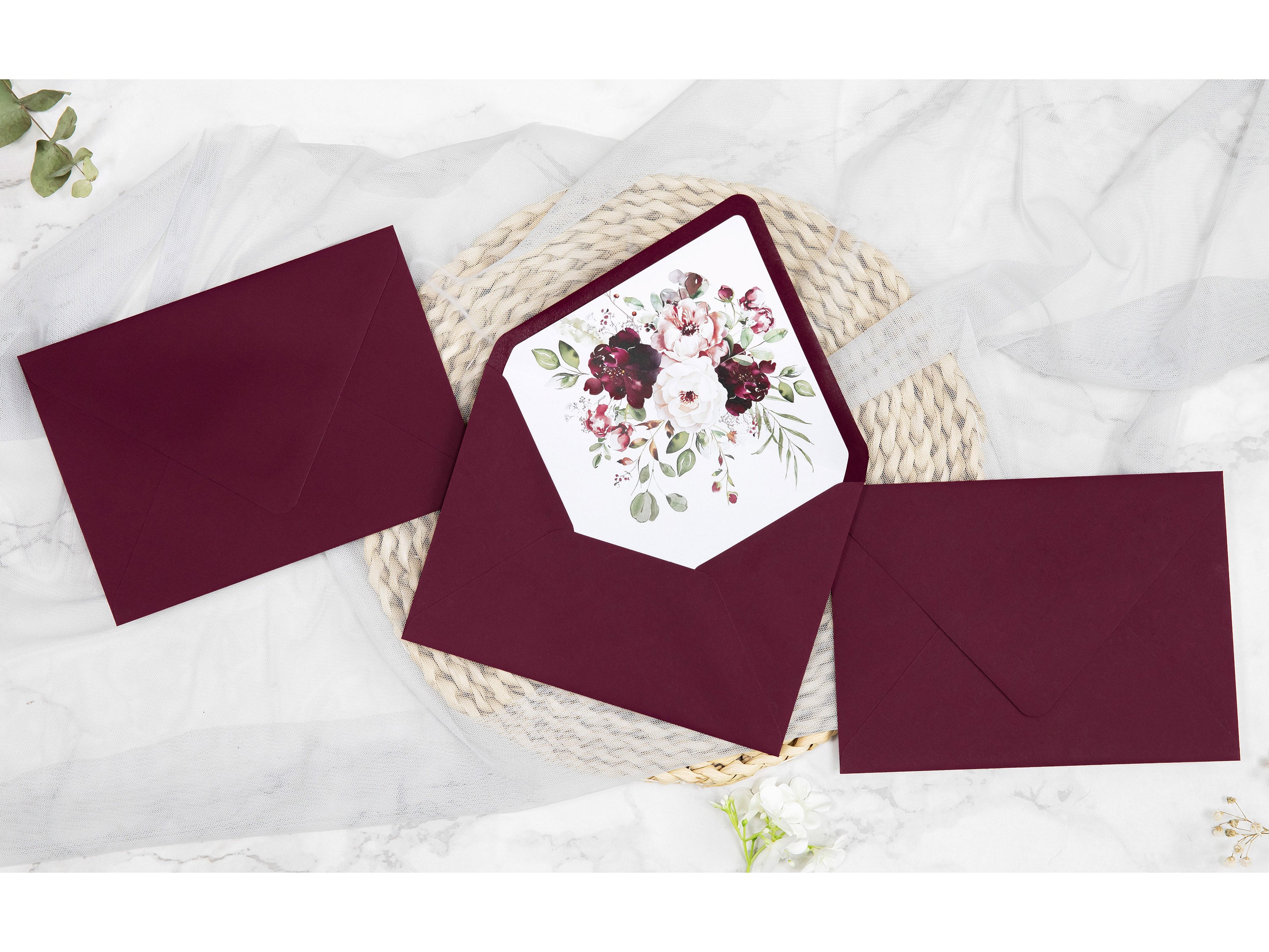 PONATIA 50 Pieces Burgundy Floral Liner Euro Flap Envelopes for  Wedding Invitation Card