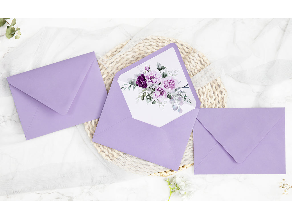 PONATIA 50 Pieces Shiny Lilac Floral Liner Euro Flap Envelopes for  Wedding Invitation Card