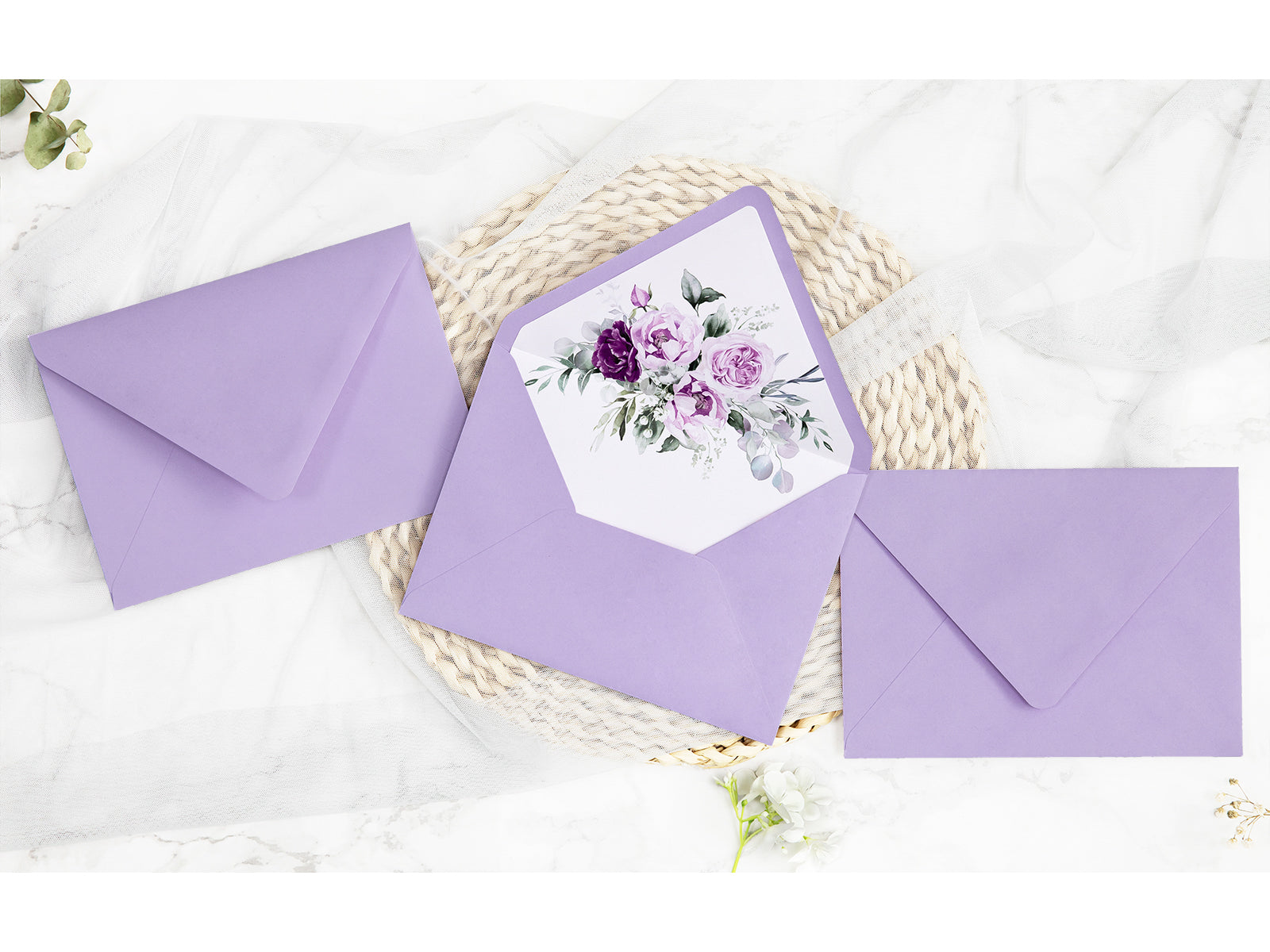 PONATIA 50 Pieces Shiny Lilac Floral Liner Euro Flap Envelopes for  Wedding Invitation Card
