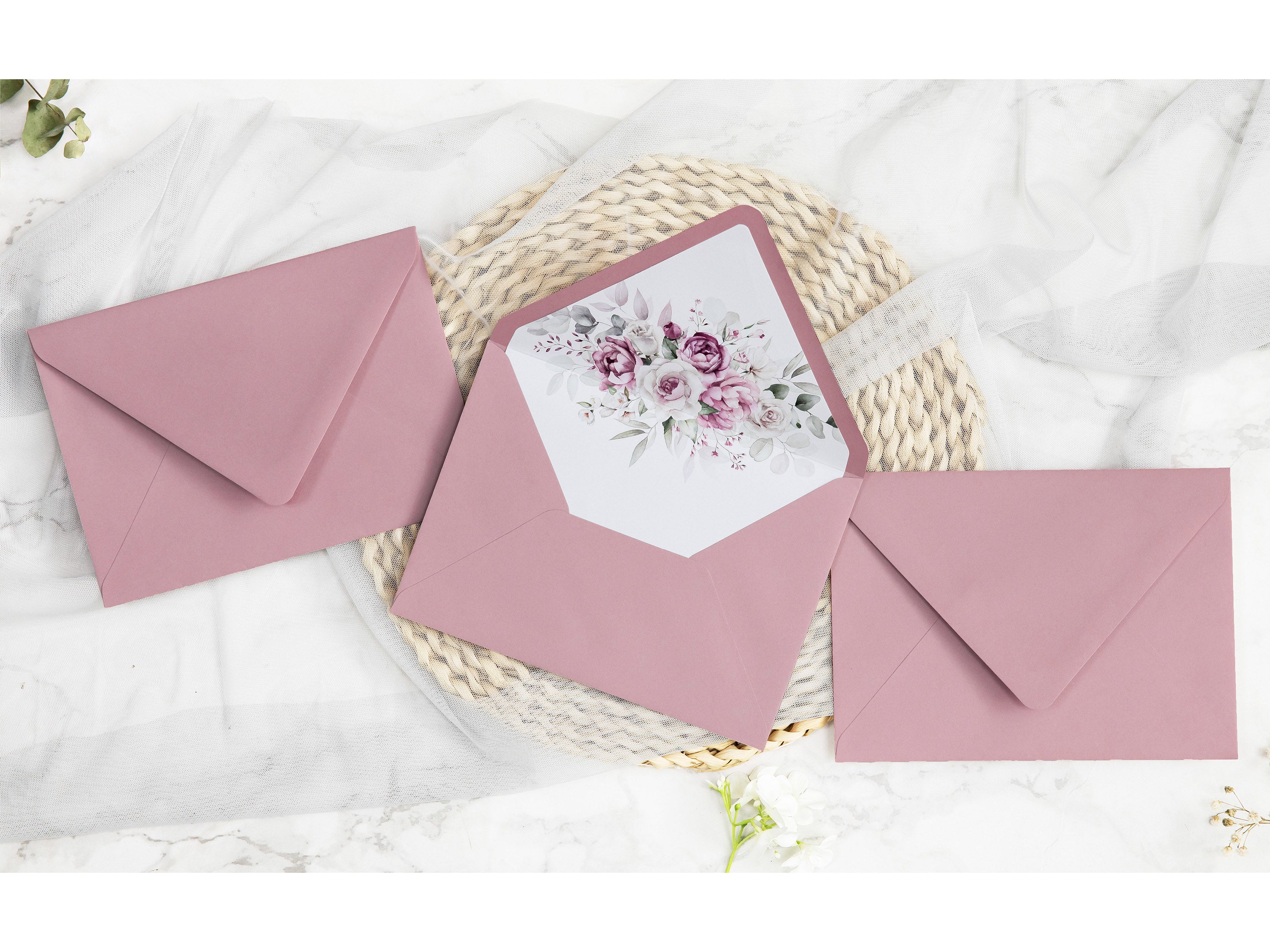 PONATIA 50 Pieces Dusty Rose Floral Liner Euro Flap Envelopes for  Wedding Invitation Card