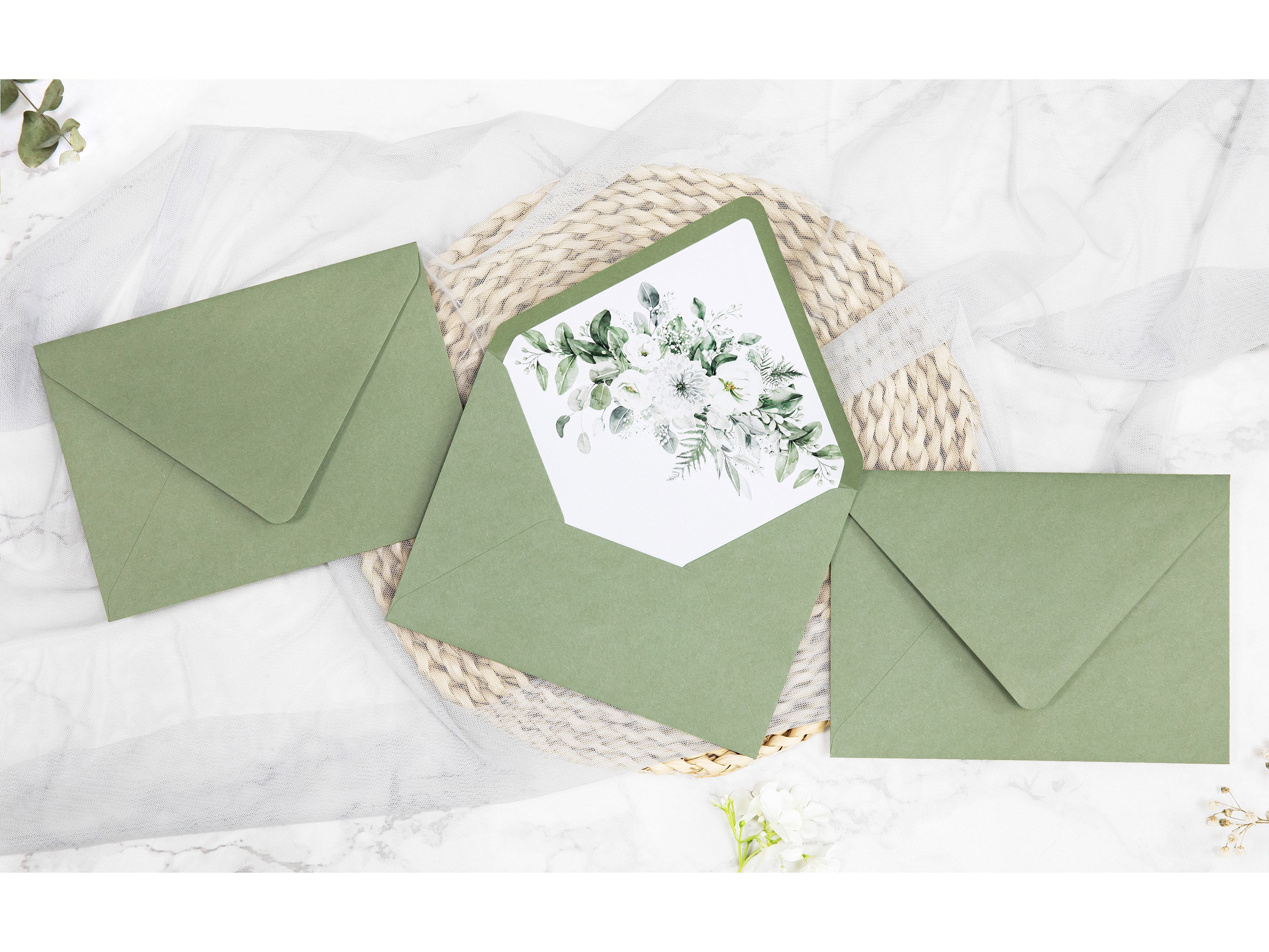 PONATIA 50 Pieces Sage Green & Flowers Liner Euro Flap Envelopes for  Wedding Invitation Card（副本）