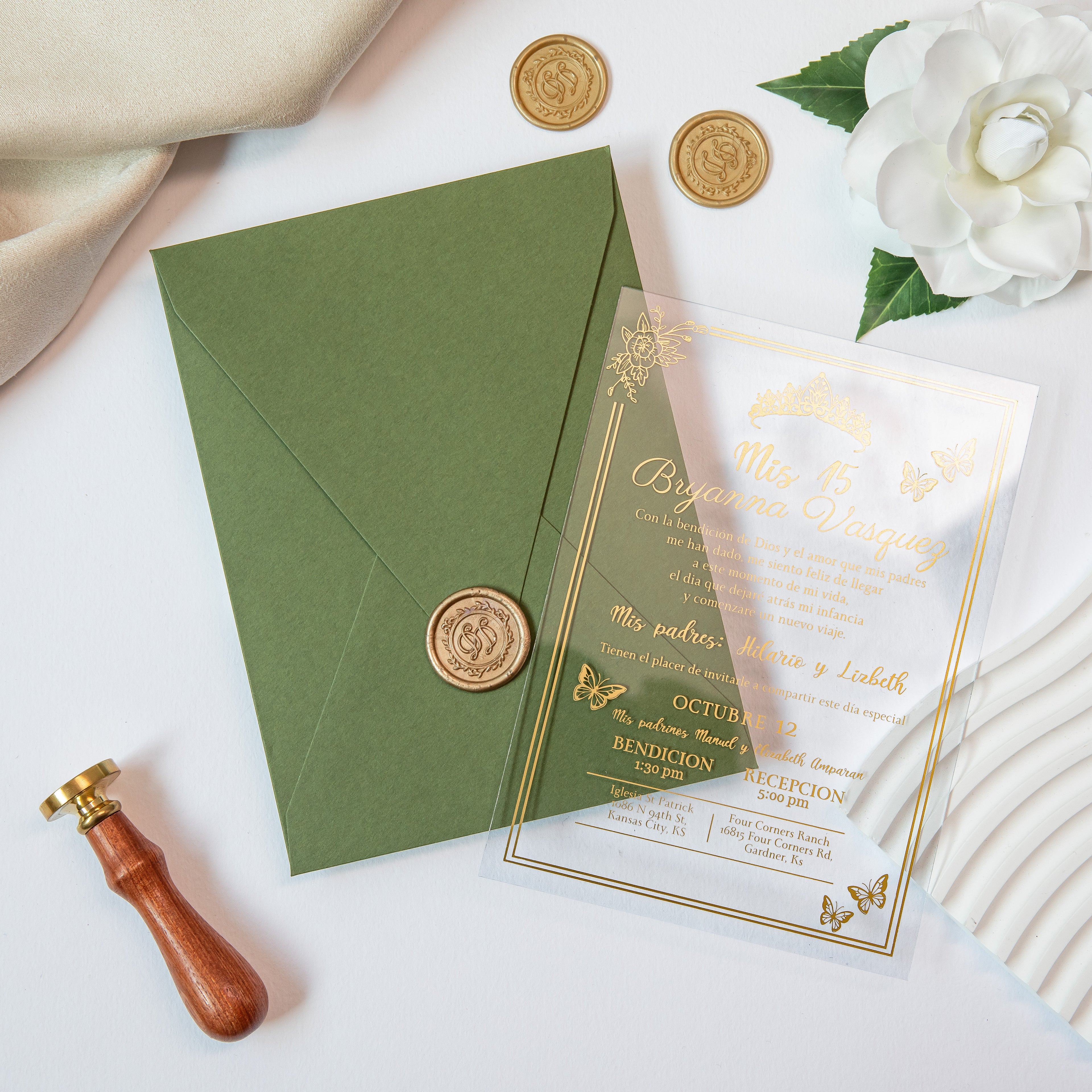 PONATIA 1mm/0.04'' Foil Print in Gold Clear Acrylic  Quinceanera Invitation Cards  and Olive Green Envelopes