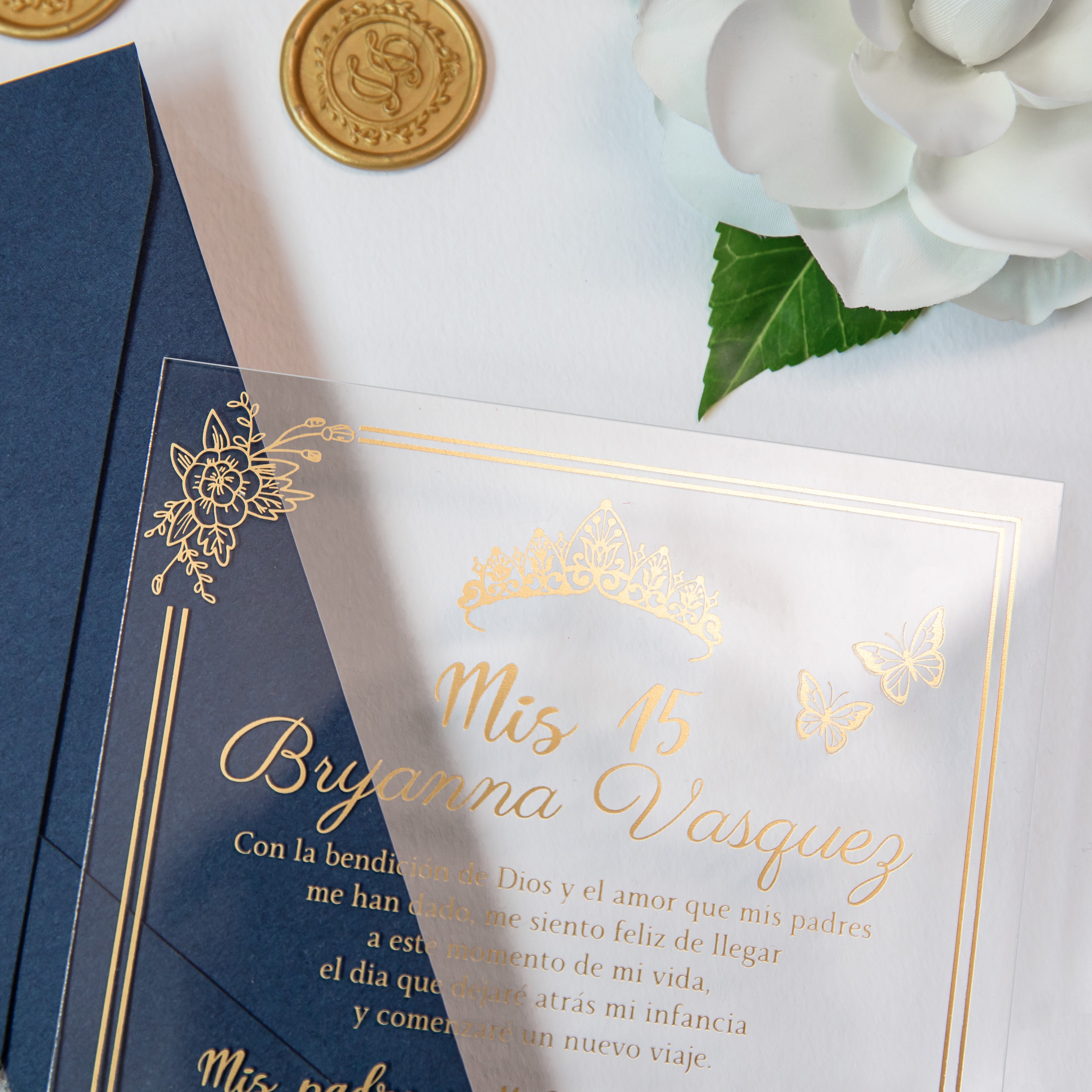 PONATIA 1mm/0.04'' Foil Print in Gold Clear Acrylic  Quinceanera Invitation Cards  and Navy Blue Envelopes