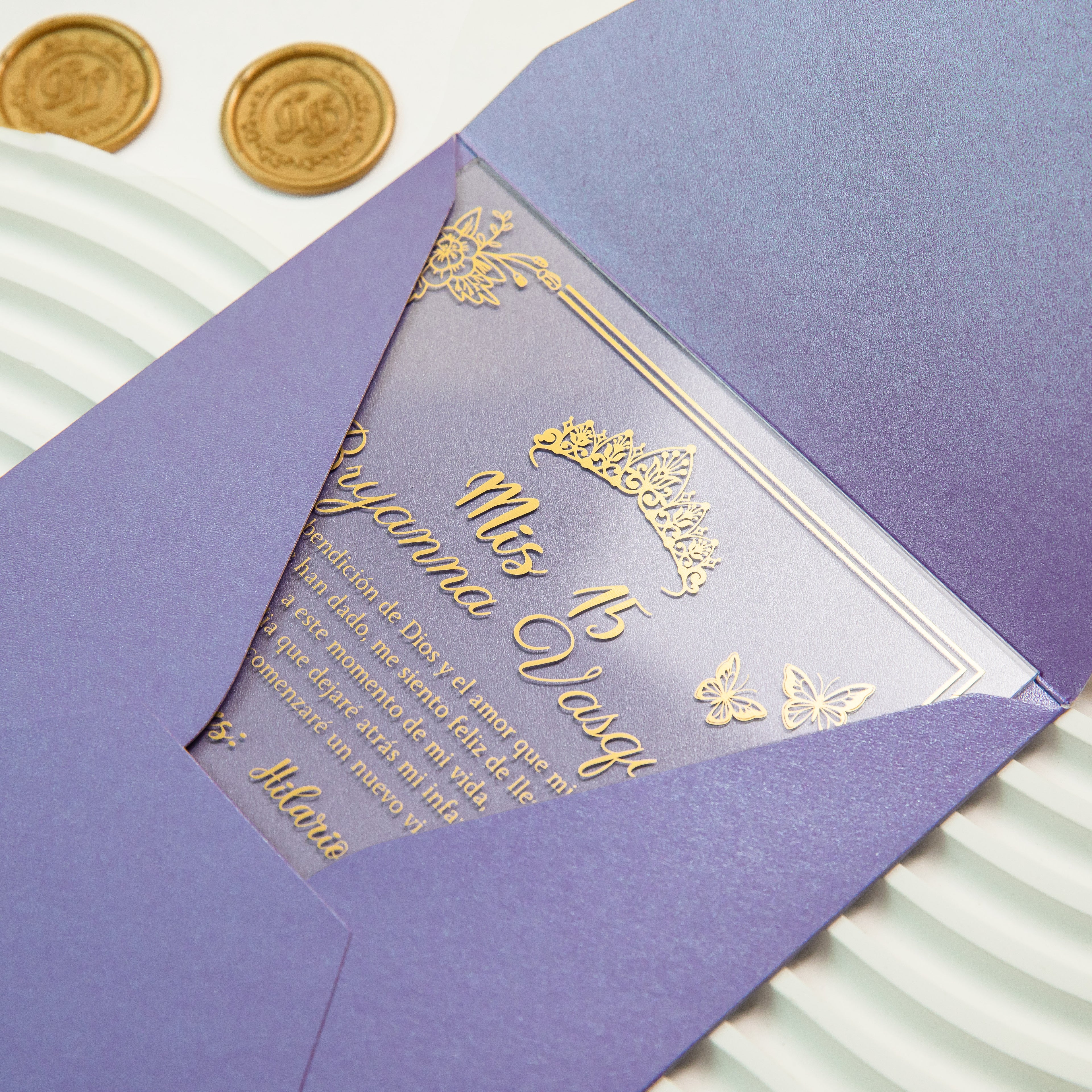 PONATIA 1mm/0.04'' Foil Print in Gold Clear Acrylic  Quinceanera Invitation Cards  and Lilac Envelopes