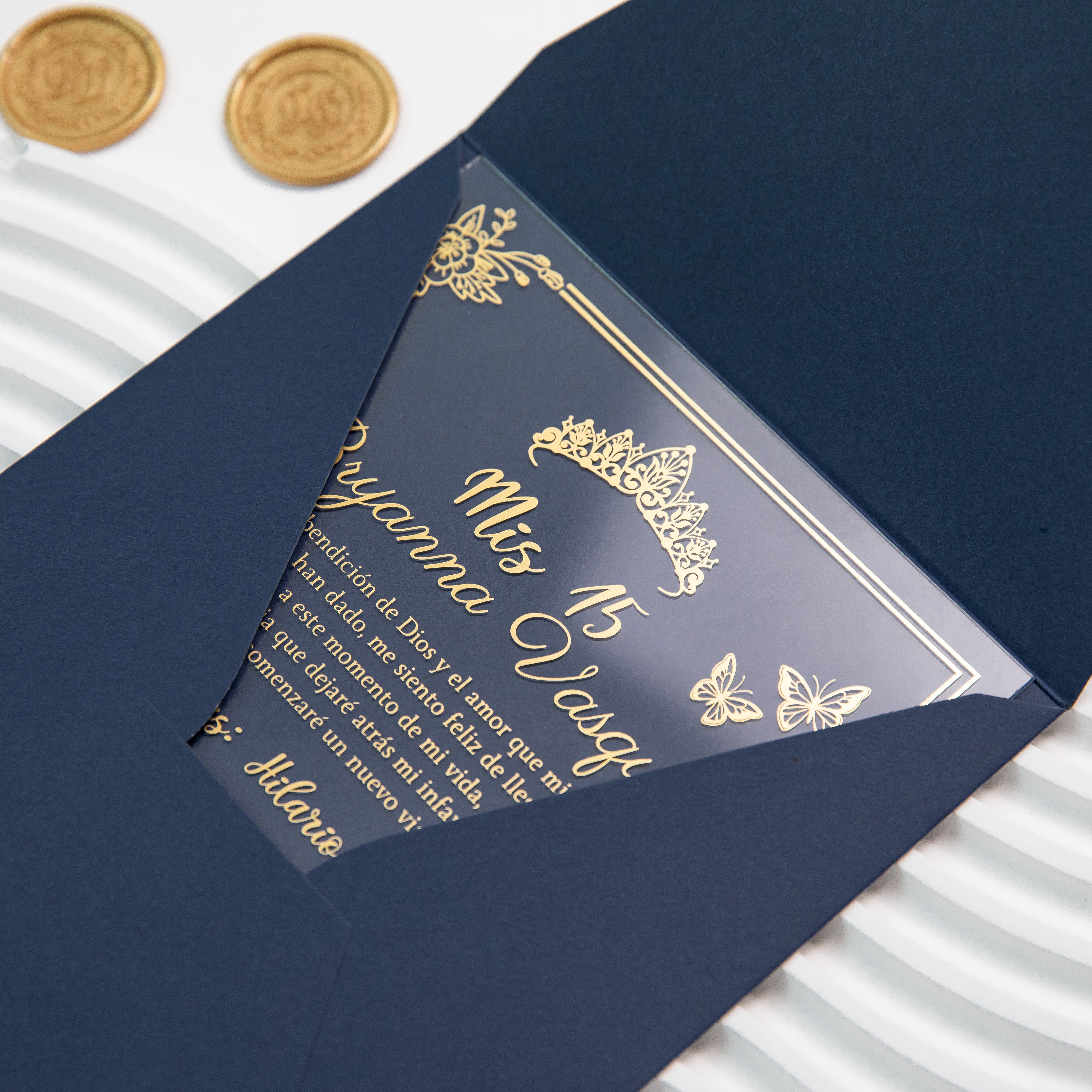 PONATIA 1mm/0.04'' Foil Print in Gold Clear Acrylic  Quinceanera Invitation Cards  and Navy Blue Envelopes