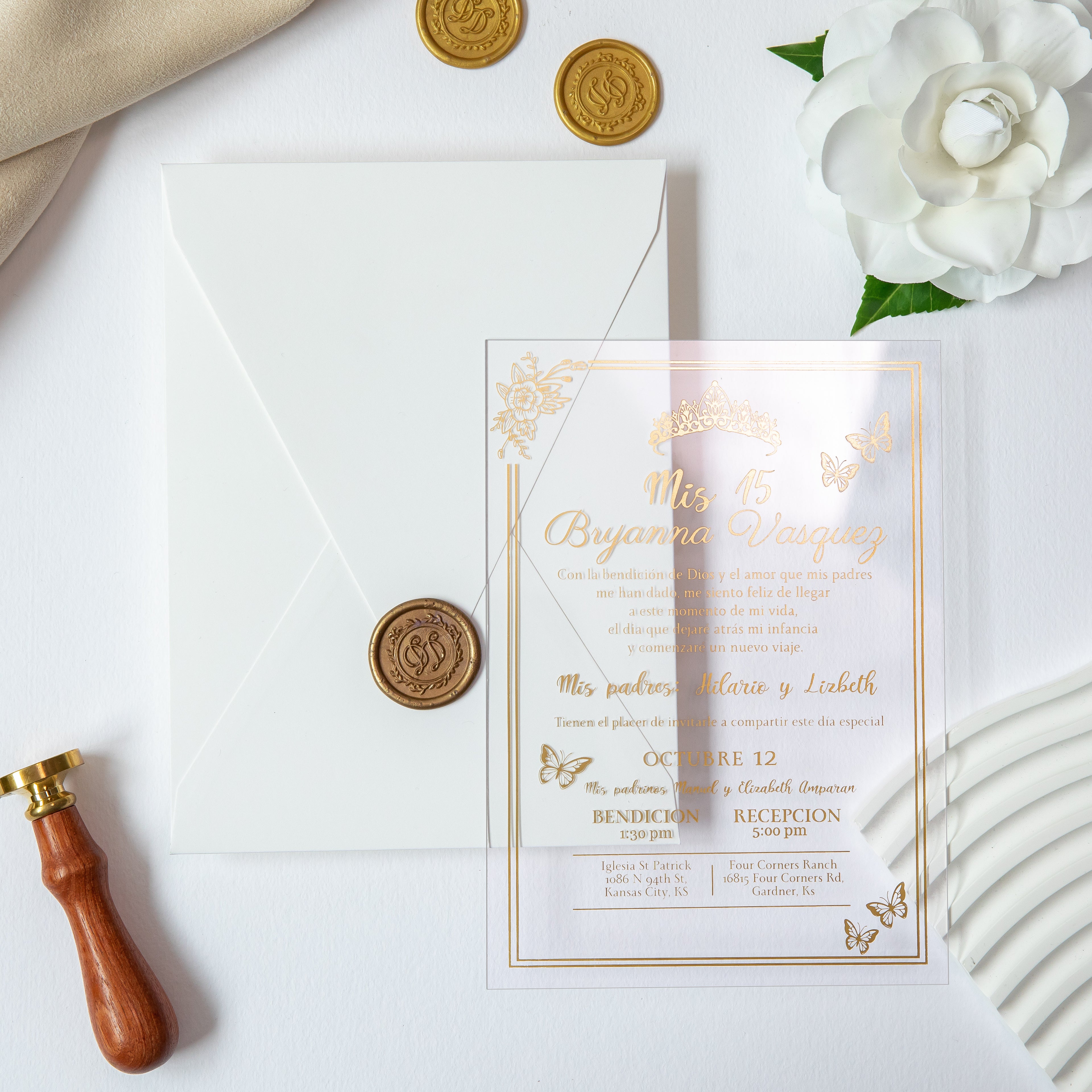 PONATIA 1mm/0.04'' Foil Print in Gold Clear Acrylic  Quinceanera Invitation Cards  and Ivory Envelopes