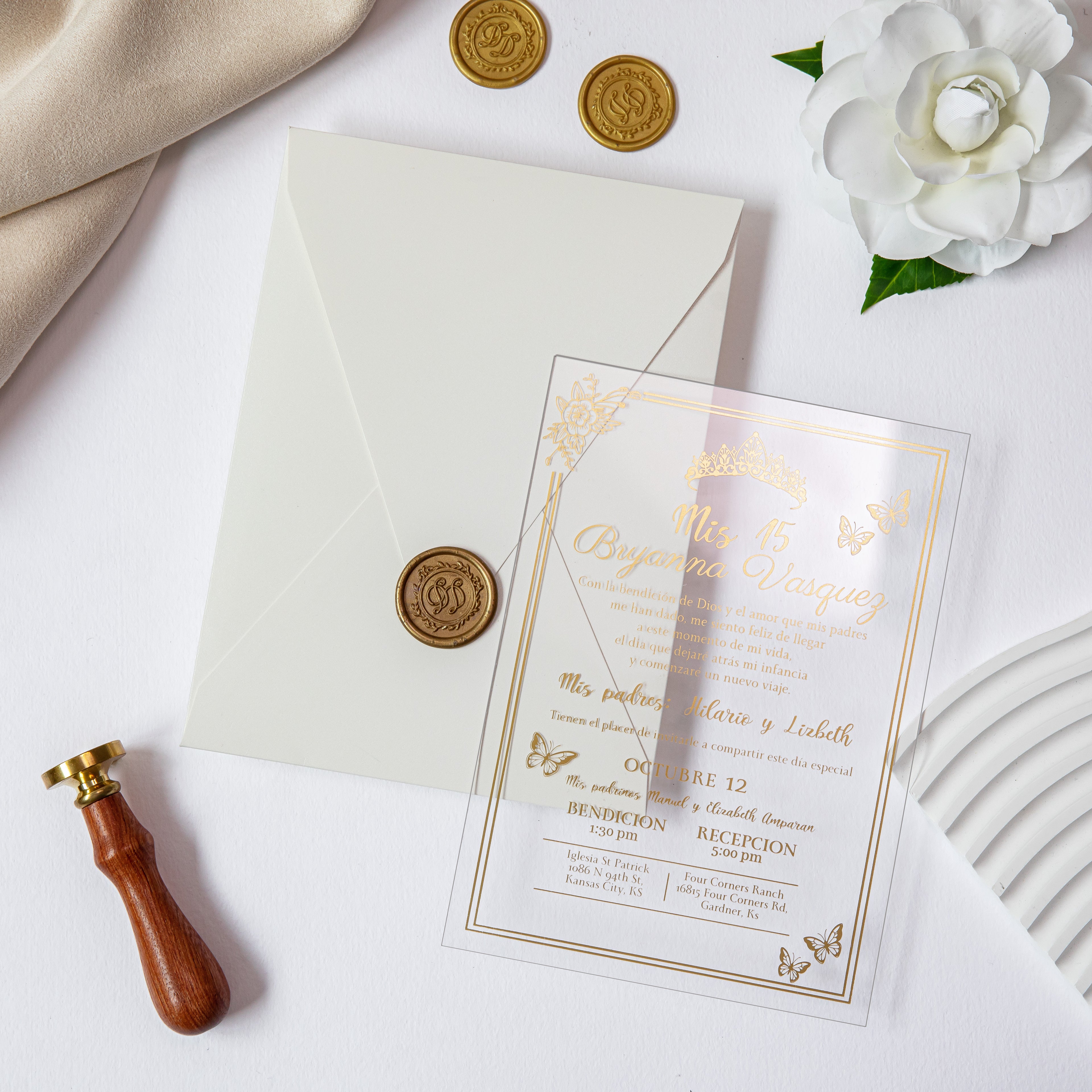 PONATIA 1mm/0.04'' Foil Print in Gold Clear Acrylic  Quinceanera Invitation Cards  and Shinny Ivory Envelopes