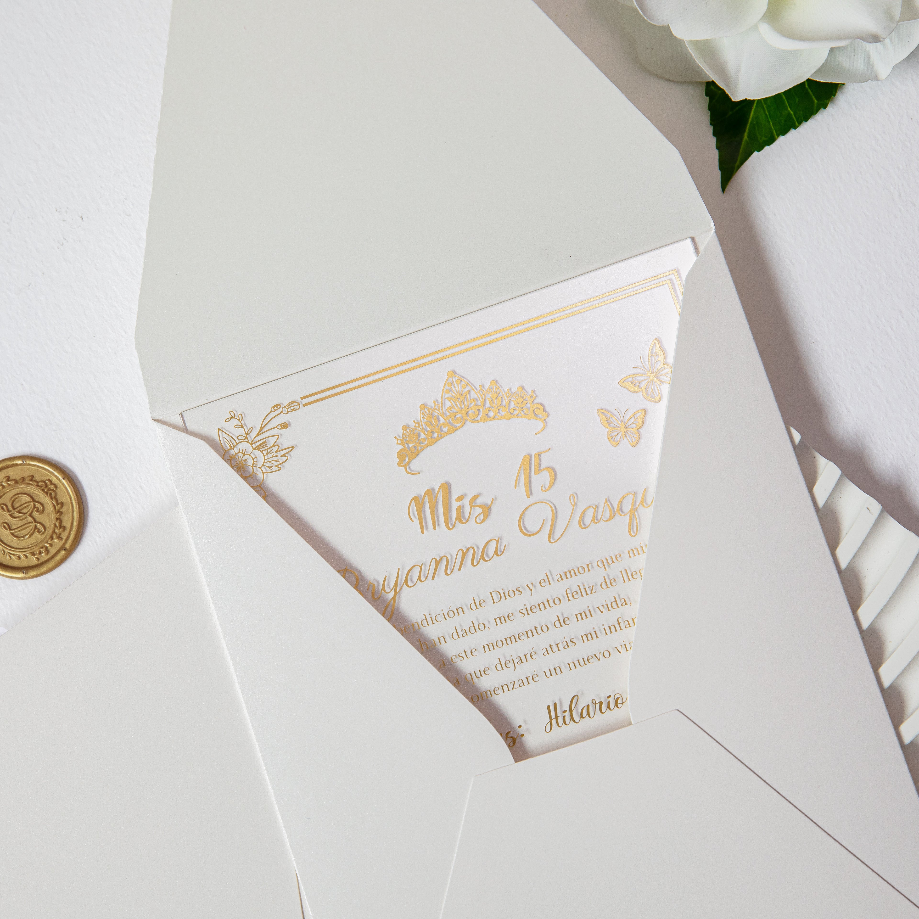 PONATIA 1mm/0.04'' Foil Print in Gold Clear Acrylic  Quinceanera Invitation Cards  and Shinny Ivory Envelopes