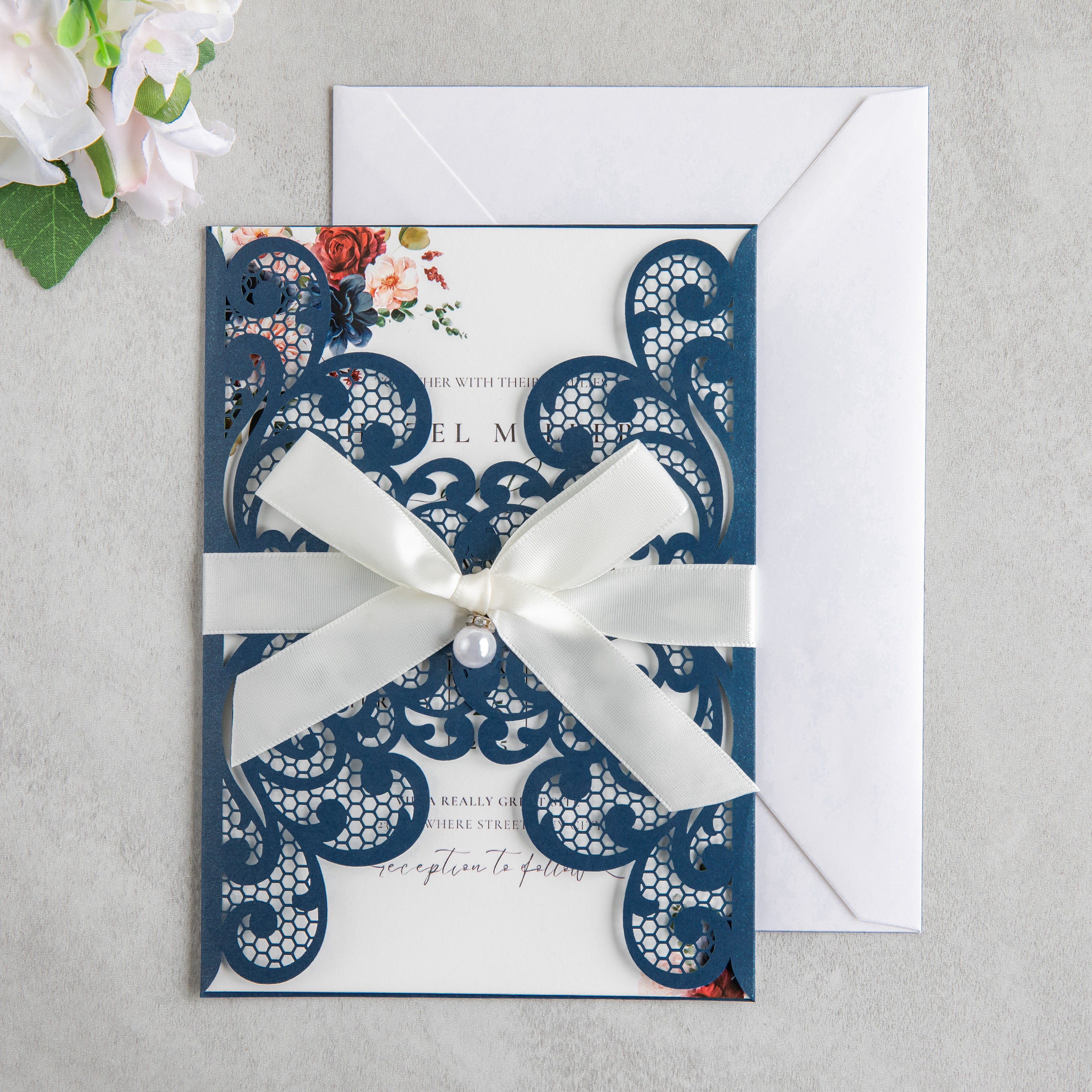 PONATIA 20 PCS Navy Blue Laser Cut Invitation Cards with Ribbons and Rhinestone Pearls