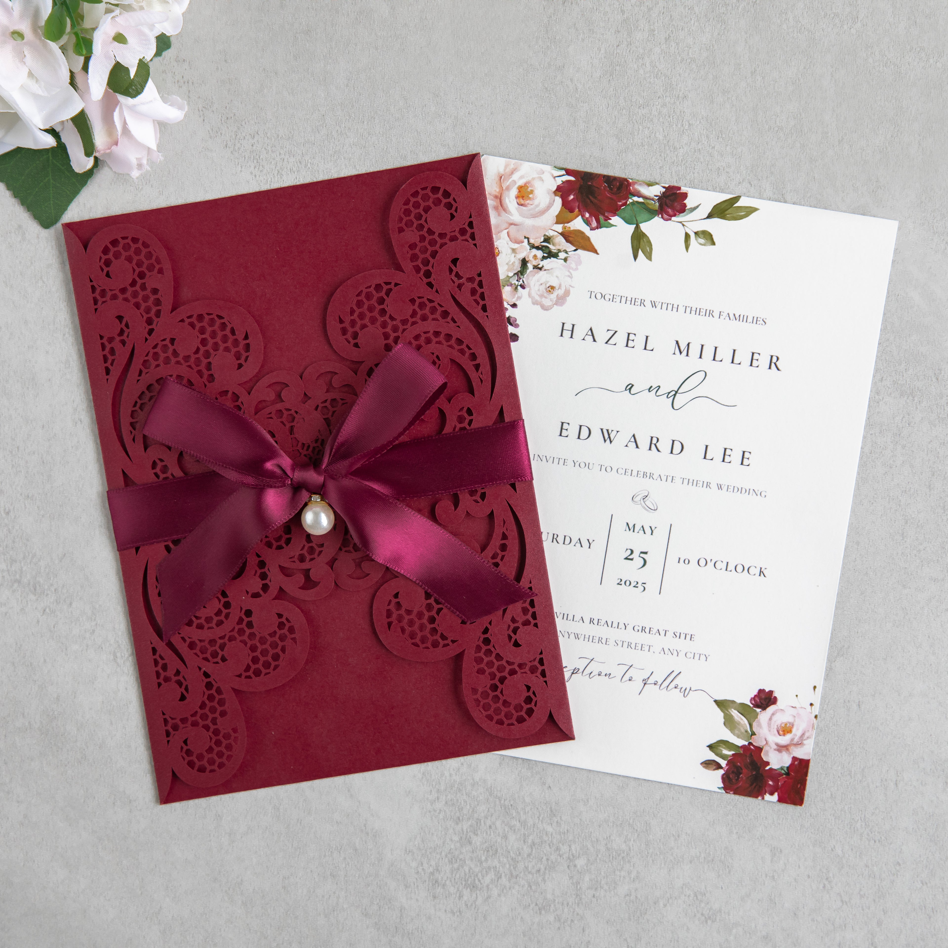 PONATIA 20 PCS Burgundy Laser Cut Invitation Cards with Ribbons and Rhinestone Pearls