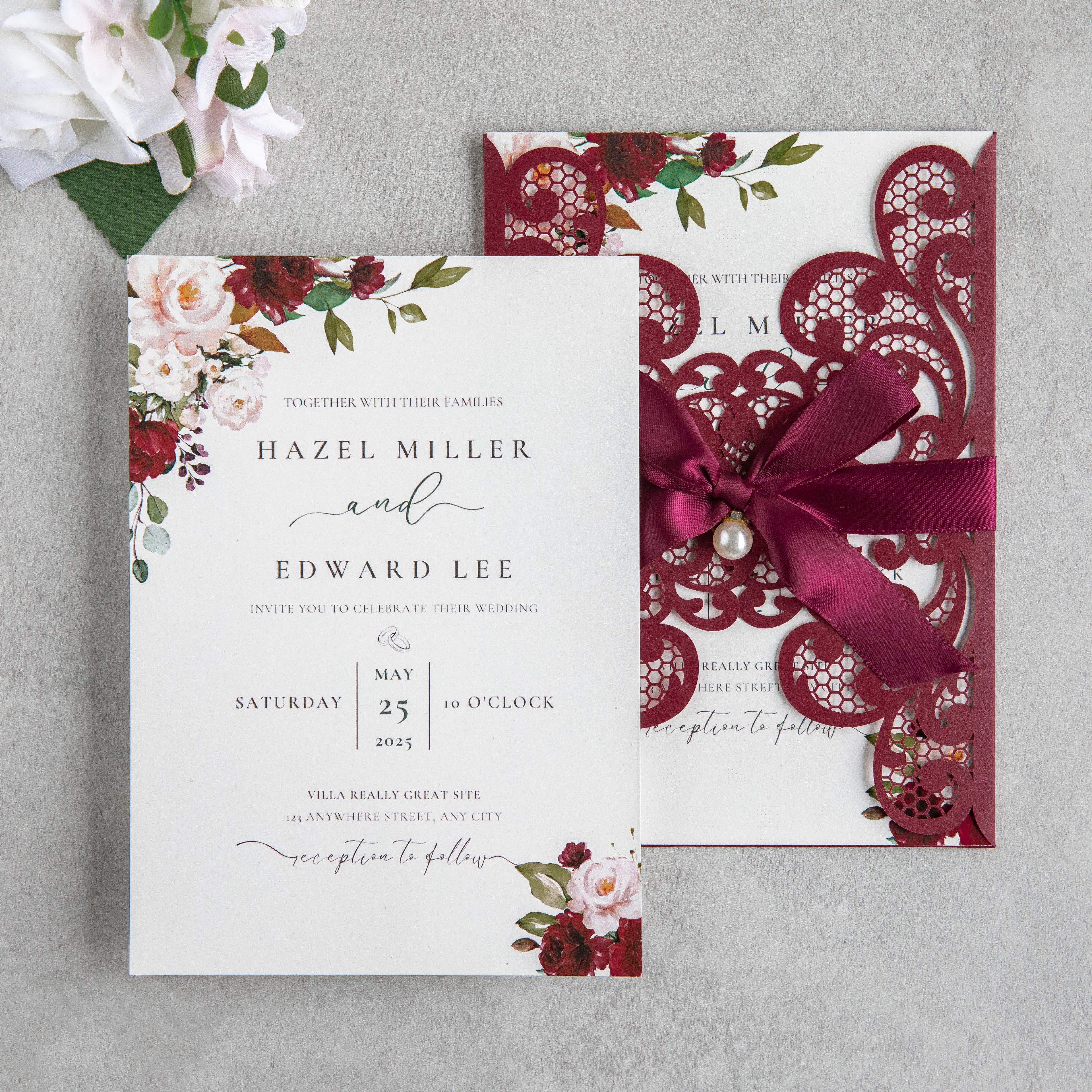 PONATIA 20 PCS Burgundy Laser Cut Invitation Cards with Ribbons and Rhinestone Pearls