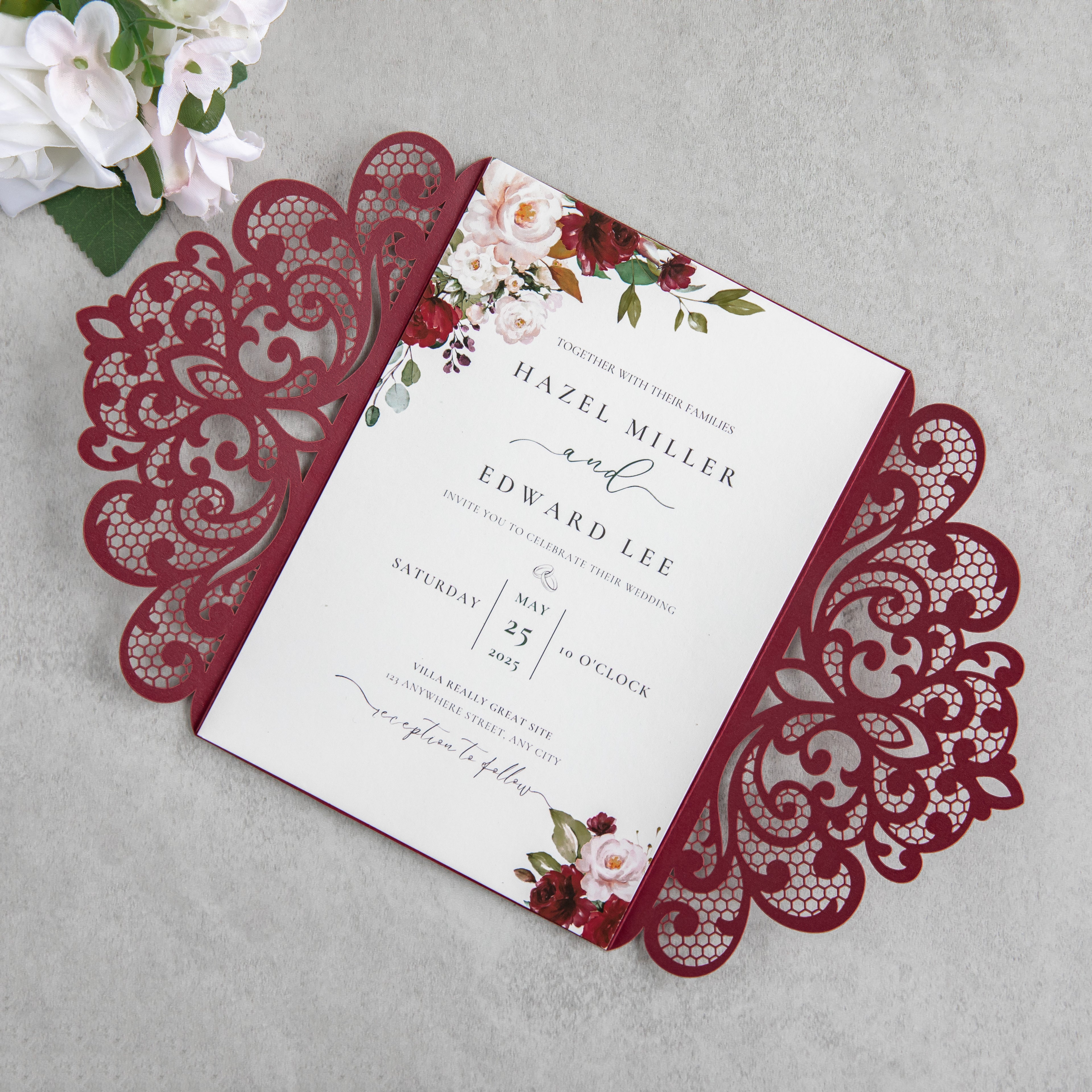 PONATIA 20 PCS Burgundy Laser Cut Invitation Cards with Ribbons and Rhinestone Pearls