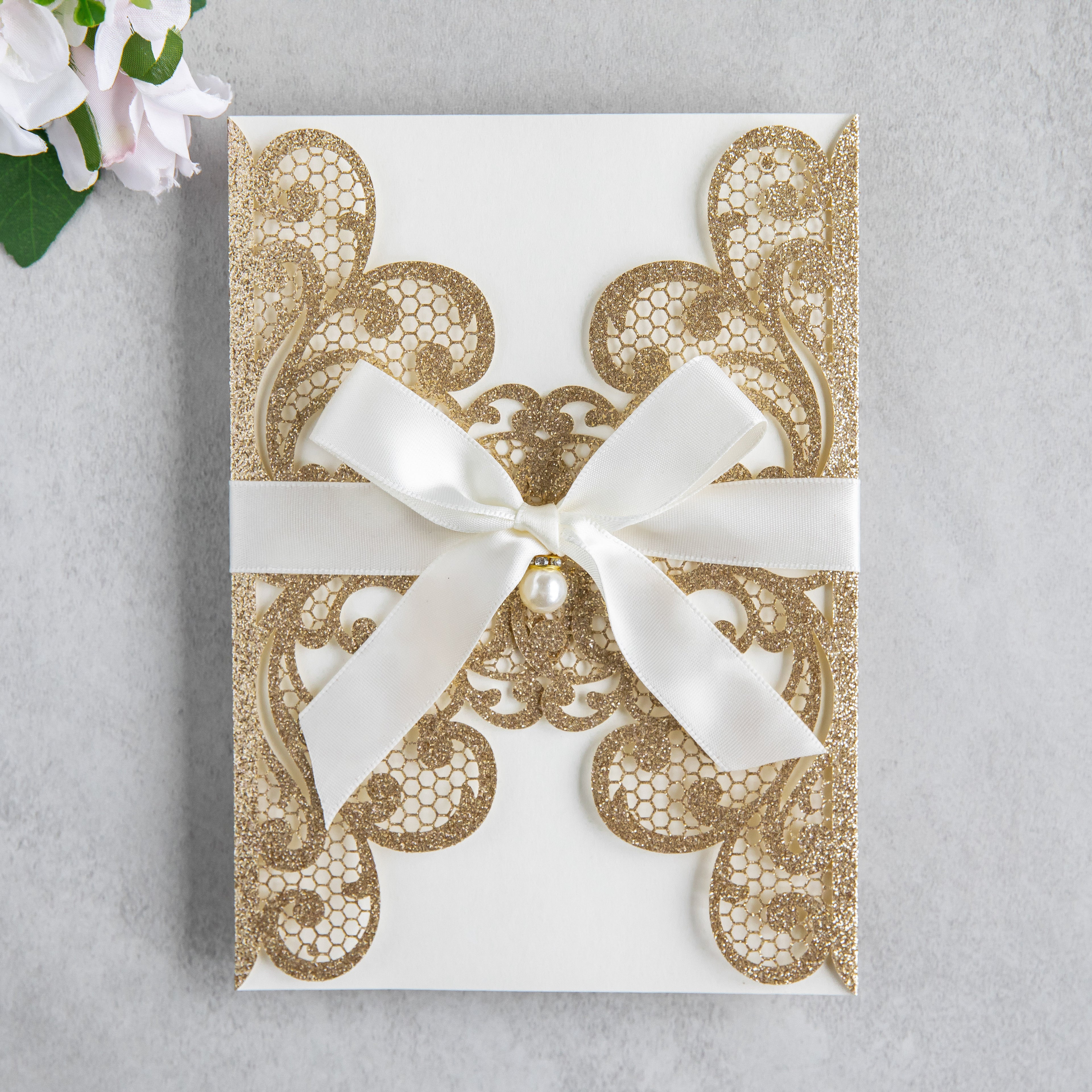 PONATIA 20 PCS Gold Glitter Laser Cut Invitation Cards with Ribbons and Rhinestone Pearls